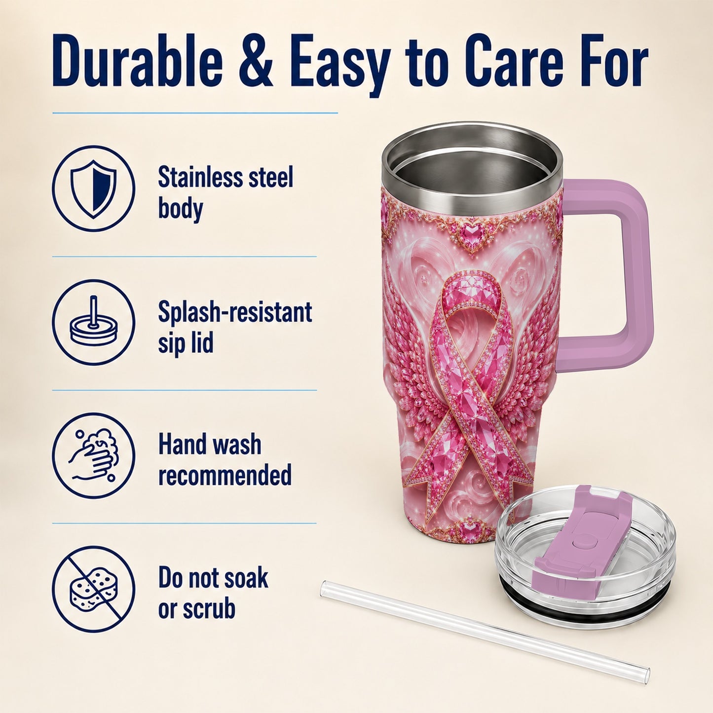 #pl[40oz|Pink] Pink Ribbon Gemstone Wings 40oz Tumbler, Stainless Steel Travel Cup