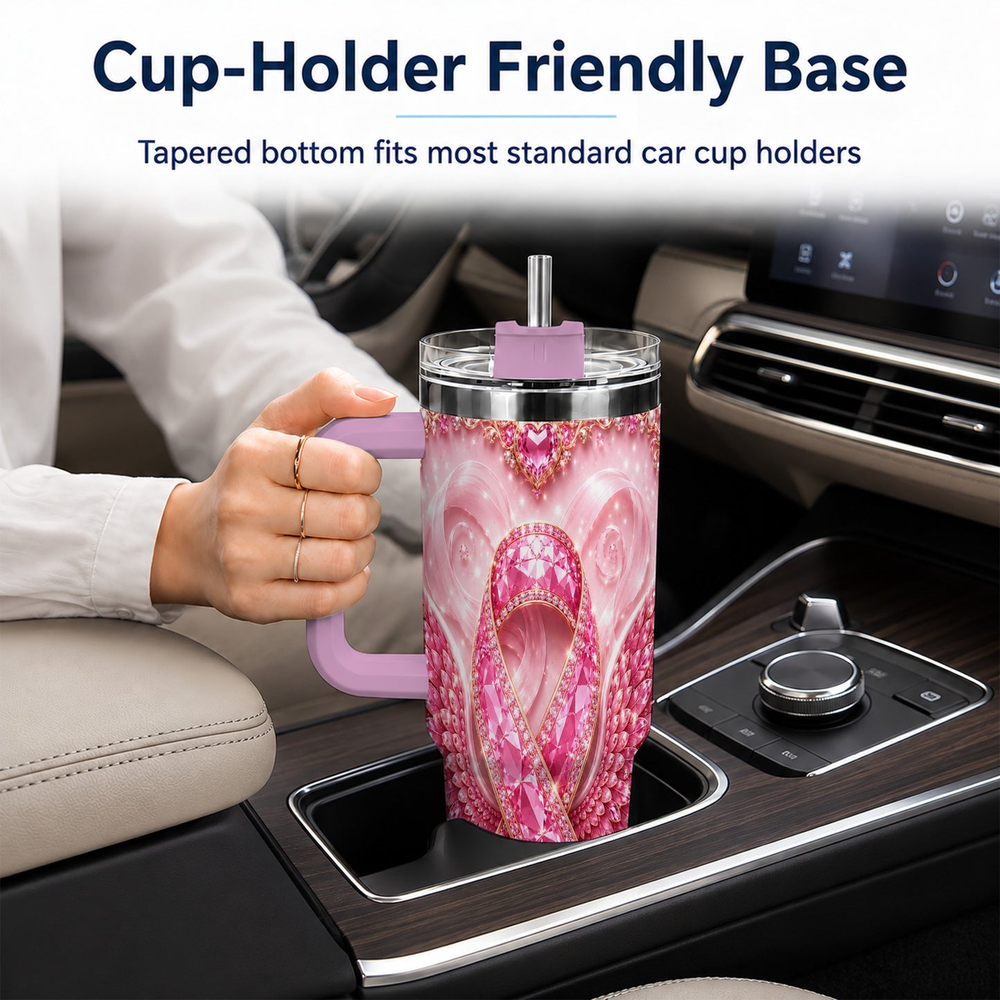 #pl[40oz|Pink] Pink Ribbon Gemstone Wings 40oz Tumbler, Stainless Steel Travel Cup