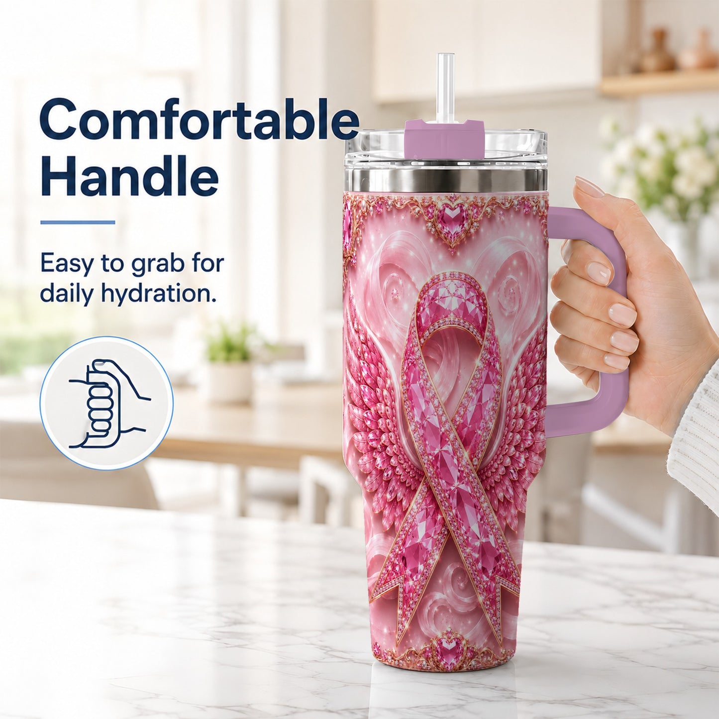 #pl[40oz|Pink] Pink Ribbon Gemstone Wings 40oz Tumbler, Stainless Steel Travel Cup