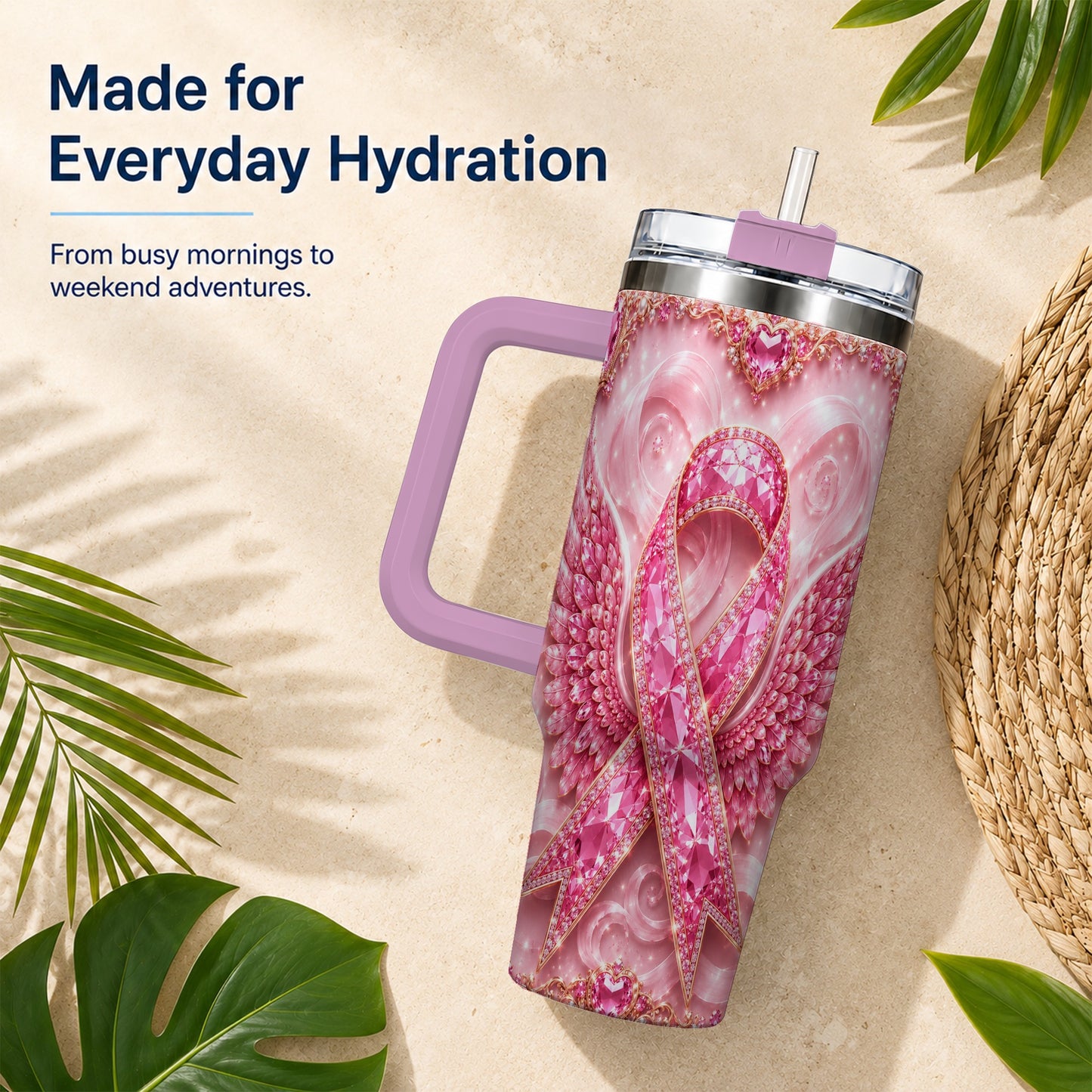#pl[40oz|Pink] Pink Ribbon Gemstone Wings 40oz Tumbler, Stainless Steel Travel Cup