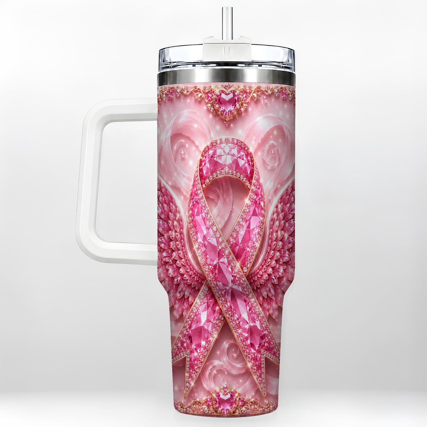 #pl[40oz|White] Pink Ribbon Gemstone Wings 40oz Tumbler, Stainless Steel Travel Cup