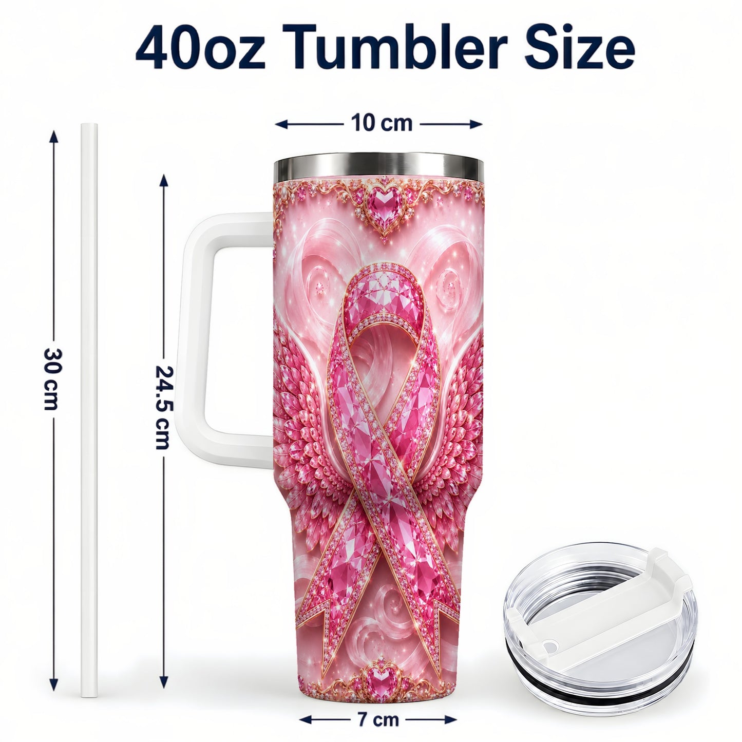 #pl[40oz|White] Pink Ribbon Gemstone Wings 40oz Tumbler, Stainless Steel Travel Cup