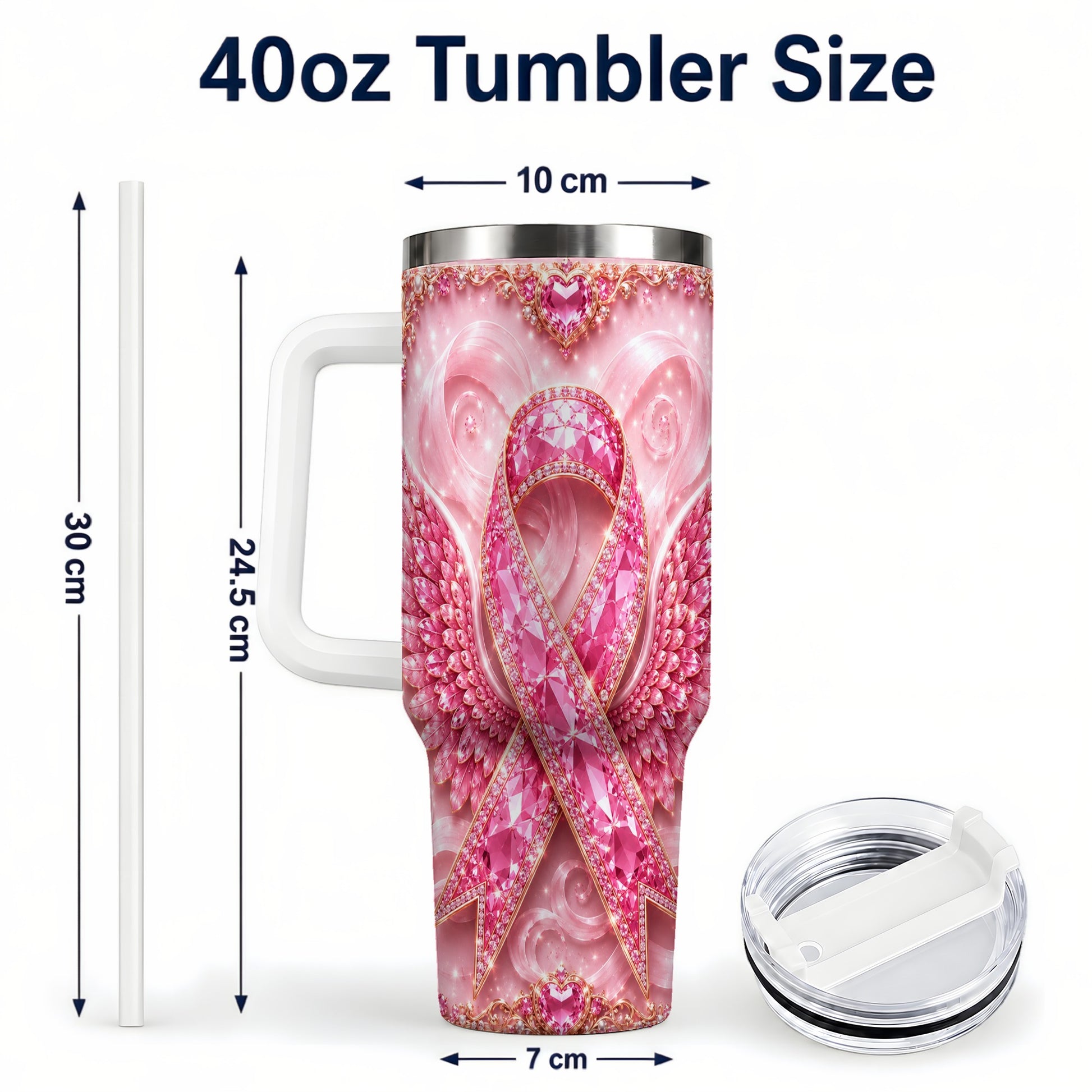 #pl[40oz|White] Pink Ribbon Gemstone Wings 40oz Tumbler, Stainless Steel Travel Cup