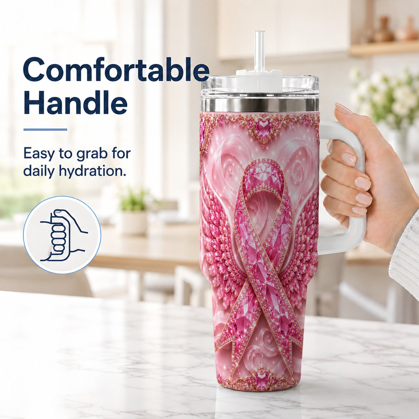 #pl[40oz|White] Pink Ribbon Gemstone Wings 40oz Tumbler, Stainless Steel Travel Cup