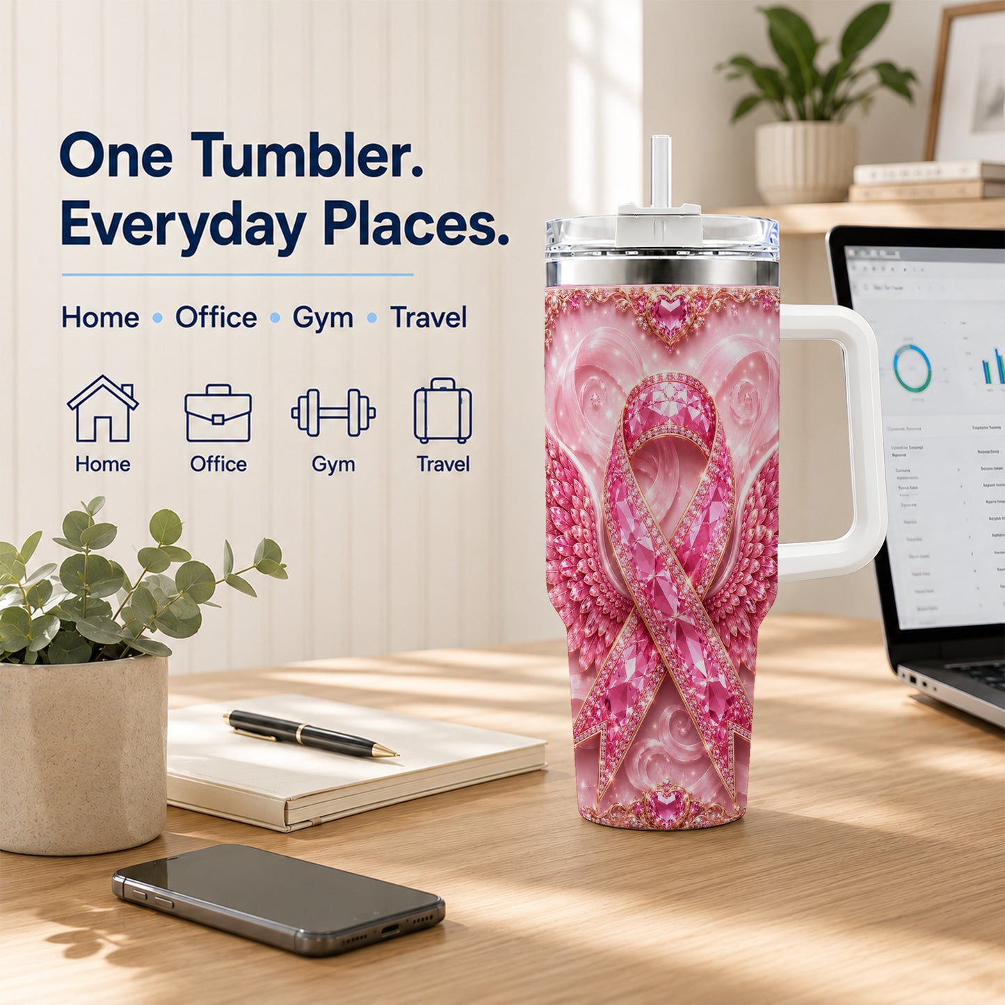 #pl[40oz|White] Pink Ribbon Gemstone Wings 40oz Tumbler, Stainless Steel Travel Cup