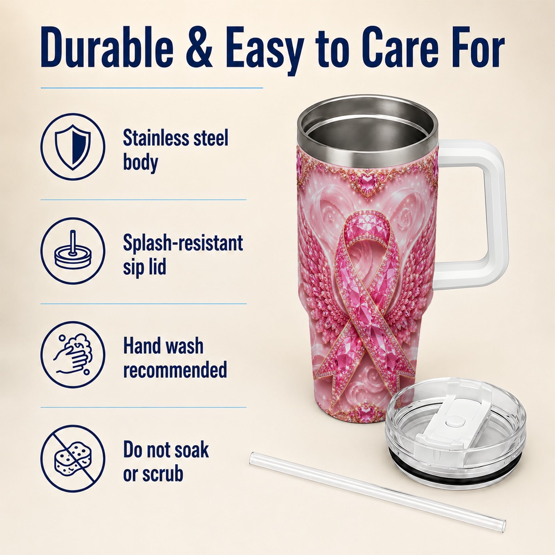 #pl[40oz|White] Pink Ribbon Gemstone Wings 40oz Tumbler, Stainless Steel Travel Cup