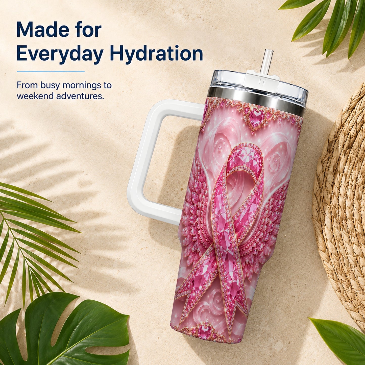 #pl[40oz|White] Pink Ribbon Gemstone Wings 40oz Tumbler, Stainless Steel Travel Cup