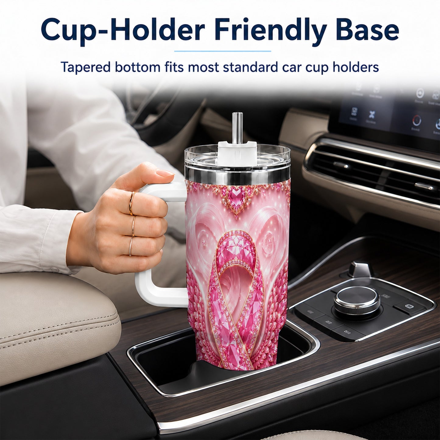 #pl[40oz|White] Pink Ribbon Gemstone Wings 40oz Tumbler, Stainless Steel Travel Cup