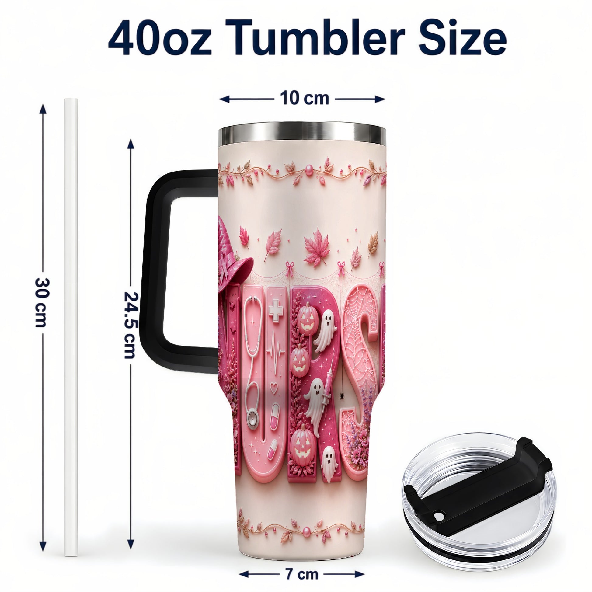 #pl[40oz|Black] Nurse Halloween Pink Ribbon 40oz Tumbler, Stainless Steel Travel Cup