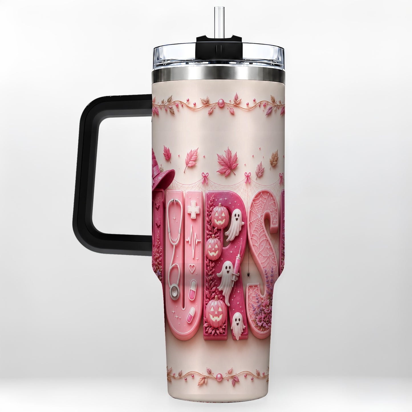 #pl[40oz|Black] Nurse Halloween Pink Ribbon 40oz Tumbler, Stainless Steel Travel Cup