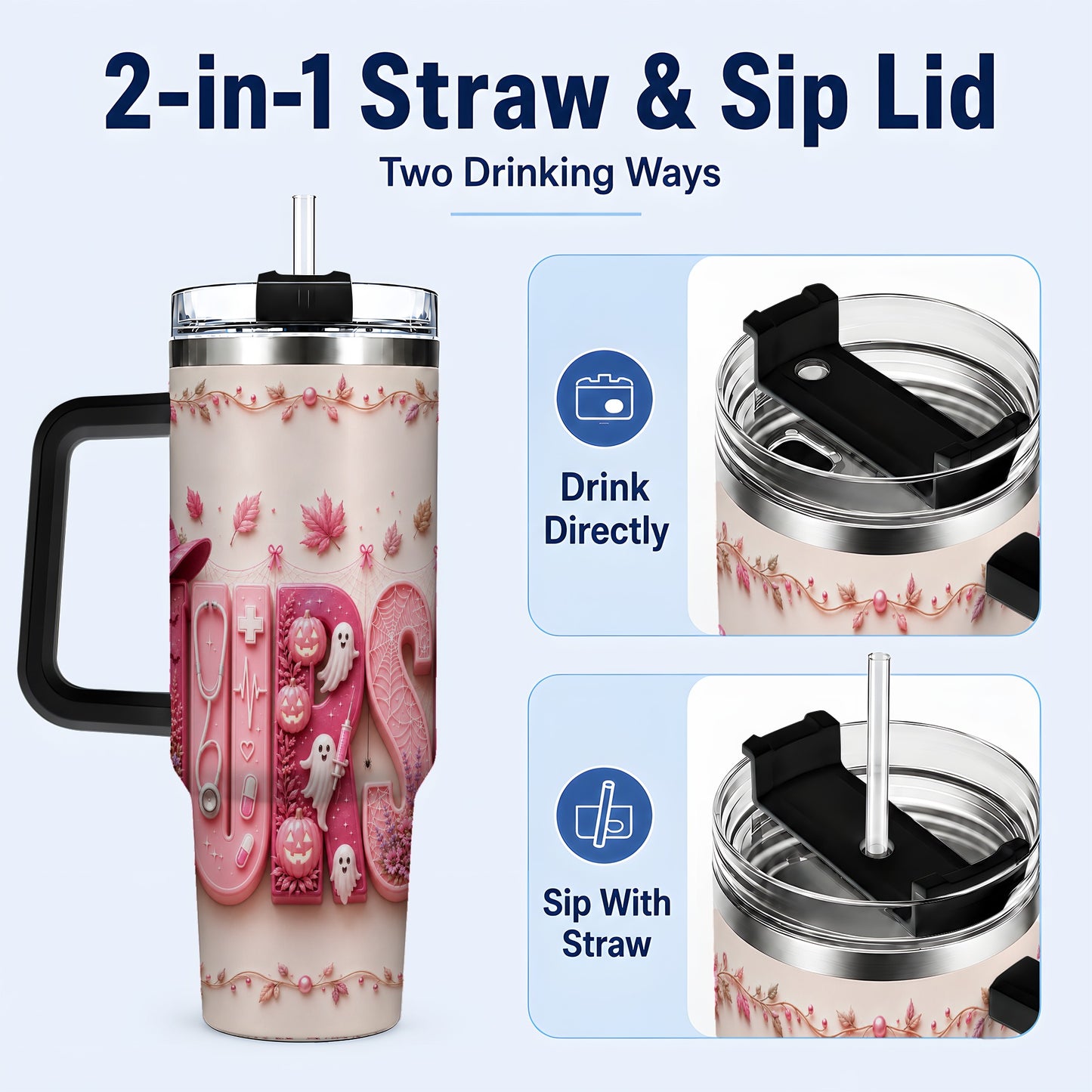 #pl[40oz|Black] Nurse Halloween Pink Ribbon 40oz Tumbler, Stainless Steel Travel Cup