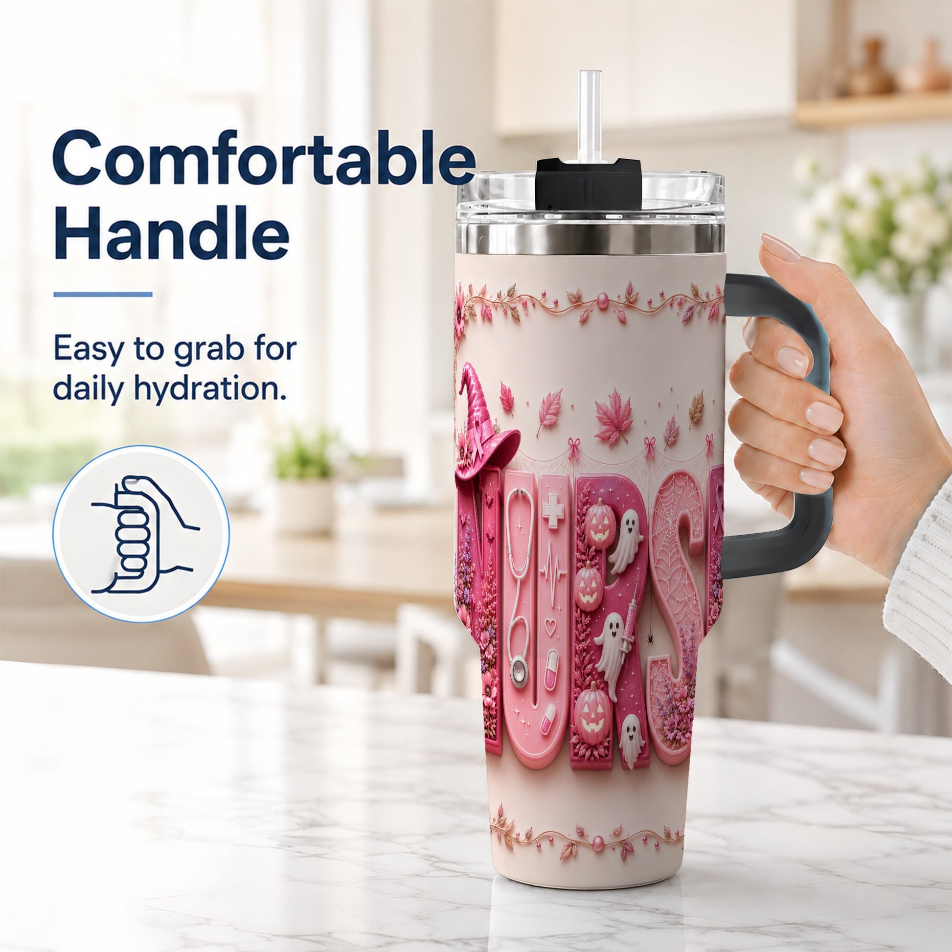 #pl[40oz|Black] Nurse Halloween Pink Ribbon 40oz Tumbler, Stainless Steel Travel Cup