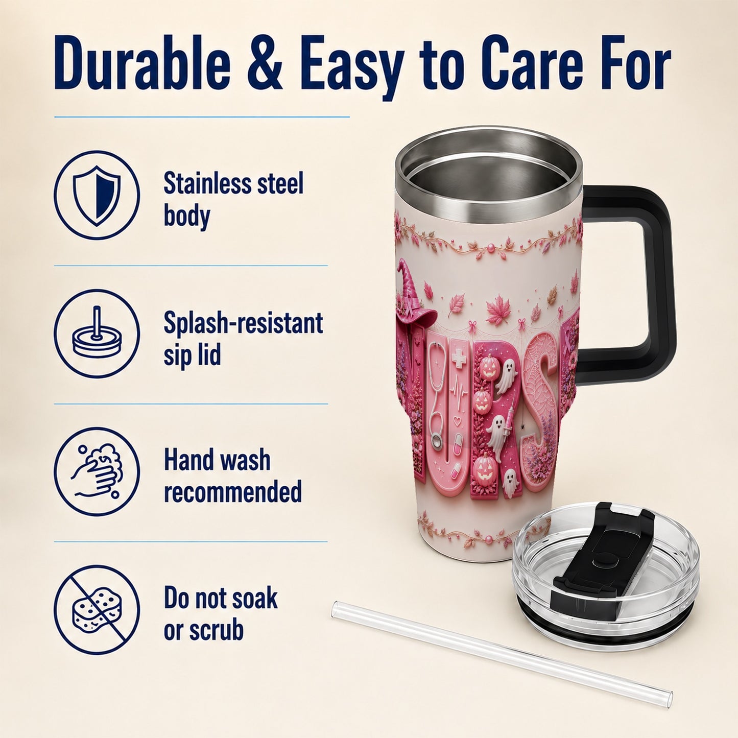 #pl[40oz|Black] Nurse Halloween Pink Ribbon 40oz Tumbler, Stainless Steel Travel Cup