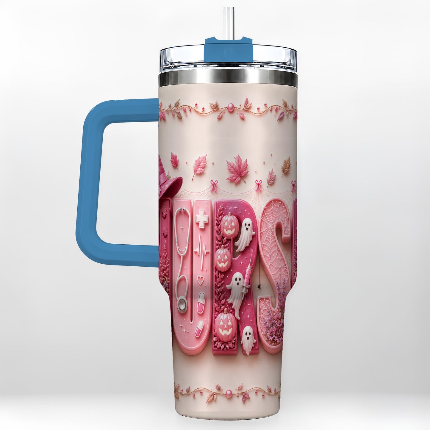 #pl[40oz|Blue] Nurse Halloween Pink Ribbon 40oz Tumbler, Stainless Steel Travel Cup