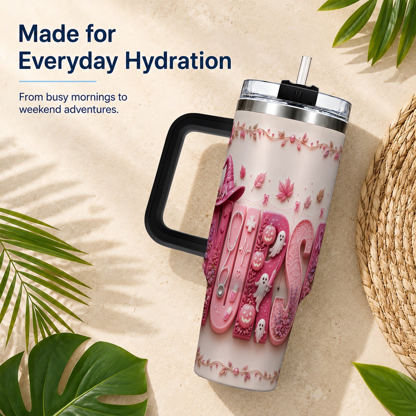 #pl[40oz|Black] Nurse Halloween Pink Ribbon 40oz Tumbler, Stainless Steel Travel Cup
