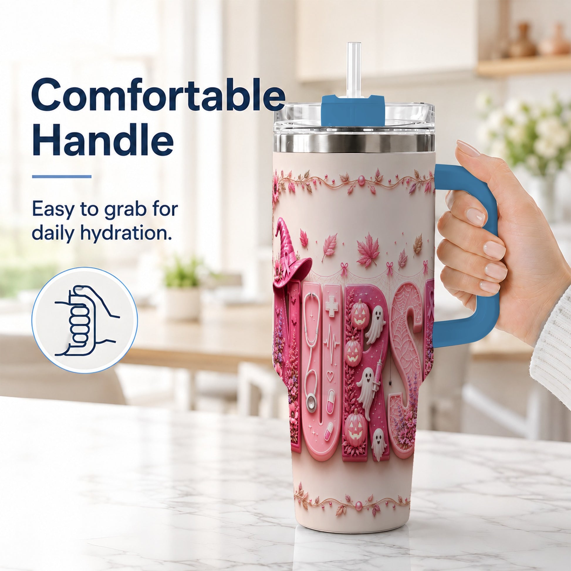 #pl[40oz|Blue] Nurse Halloween Pink Ribbon 40oz Tumbler, Stainless Steel Travel Cup