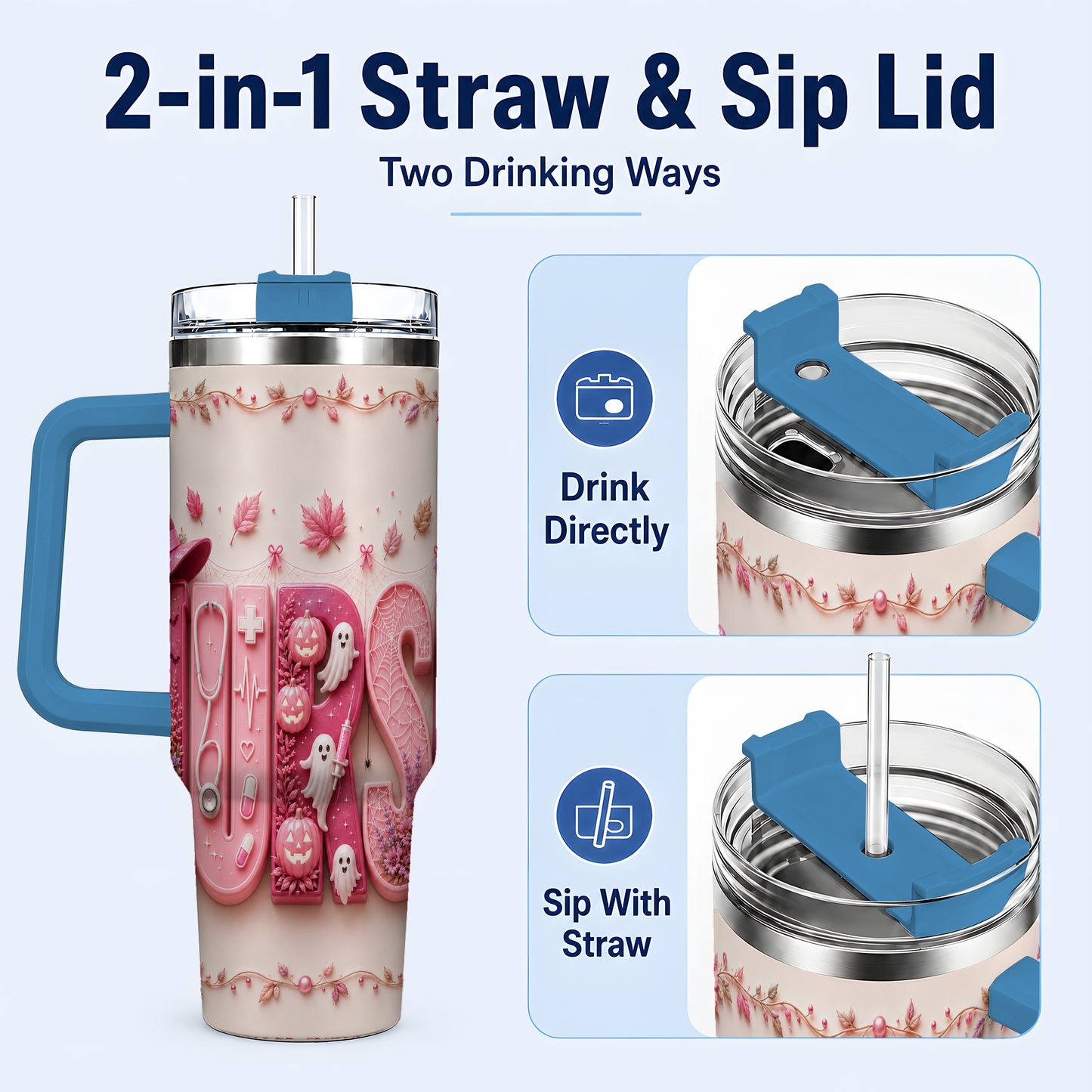 #pl[40oz|Blue] Nurse Halloween Pink Ribbon 40oz Tumbler, Stainless Steel Travel Cup