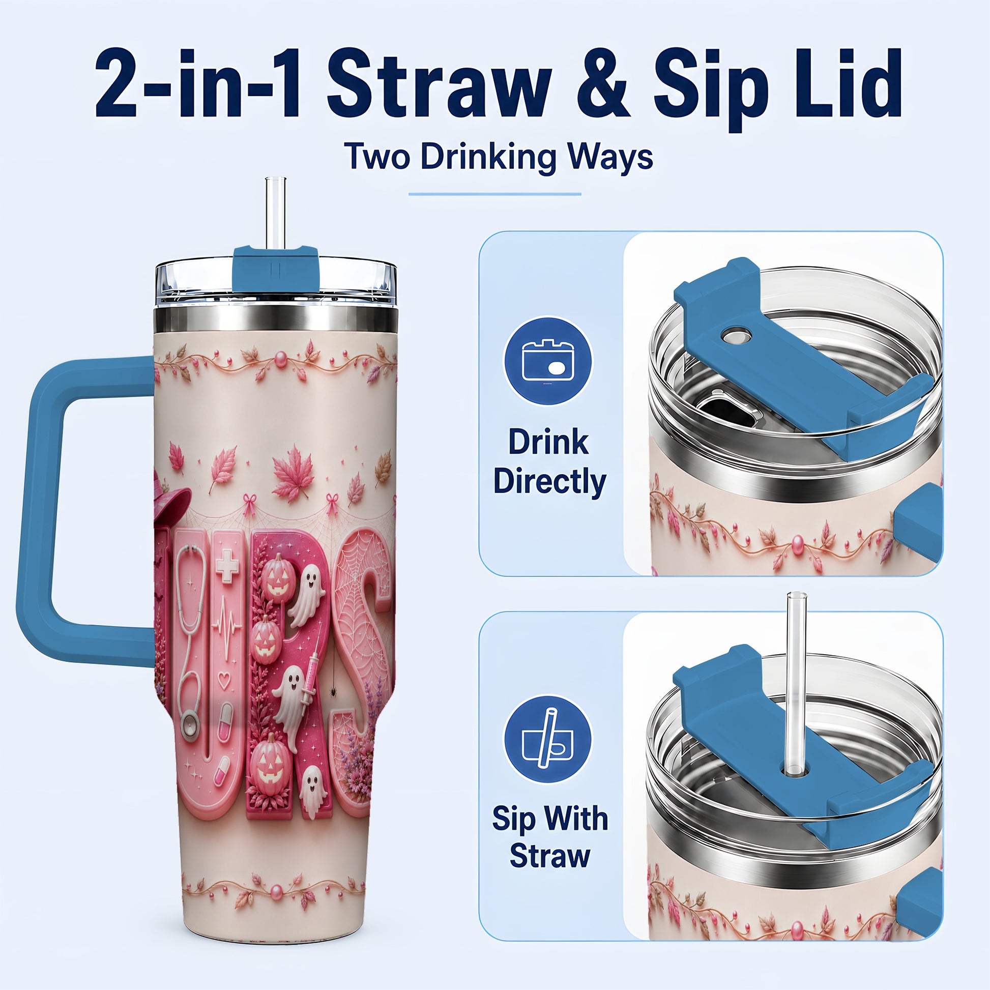 #pl[40oz|Blue] Nurse Halloween Pink Ribbon 40oz Tumbler, Stainless Steel Travel Cup
