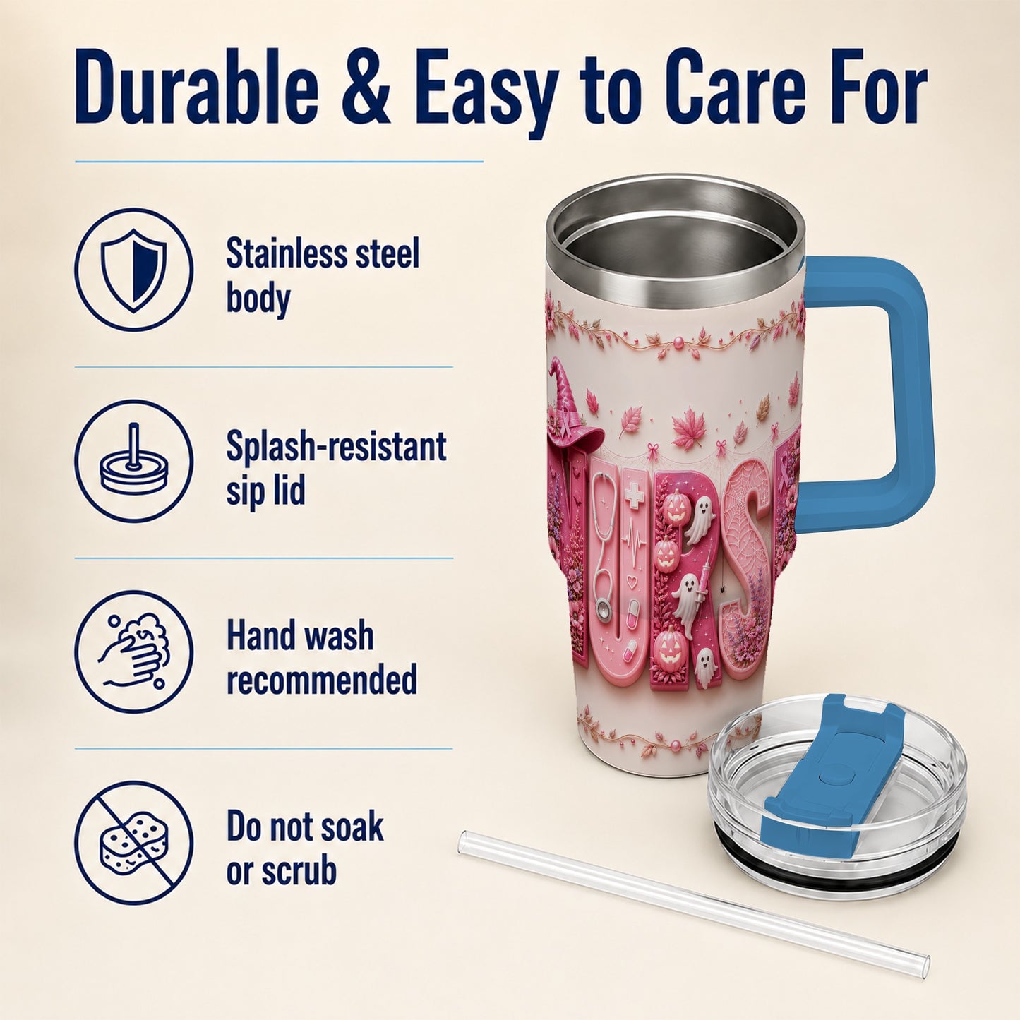 #pl[40oz|Blue] Nurse Halloween Pink Ribbon 40oz Tumbler, Stainless Steel Travel Cup