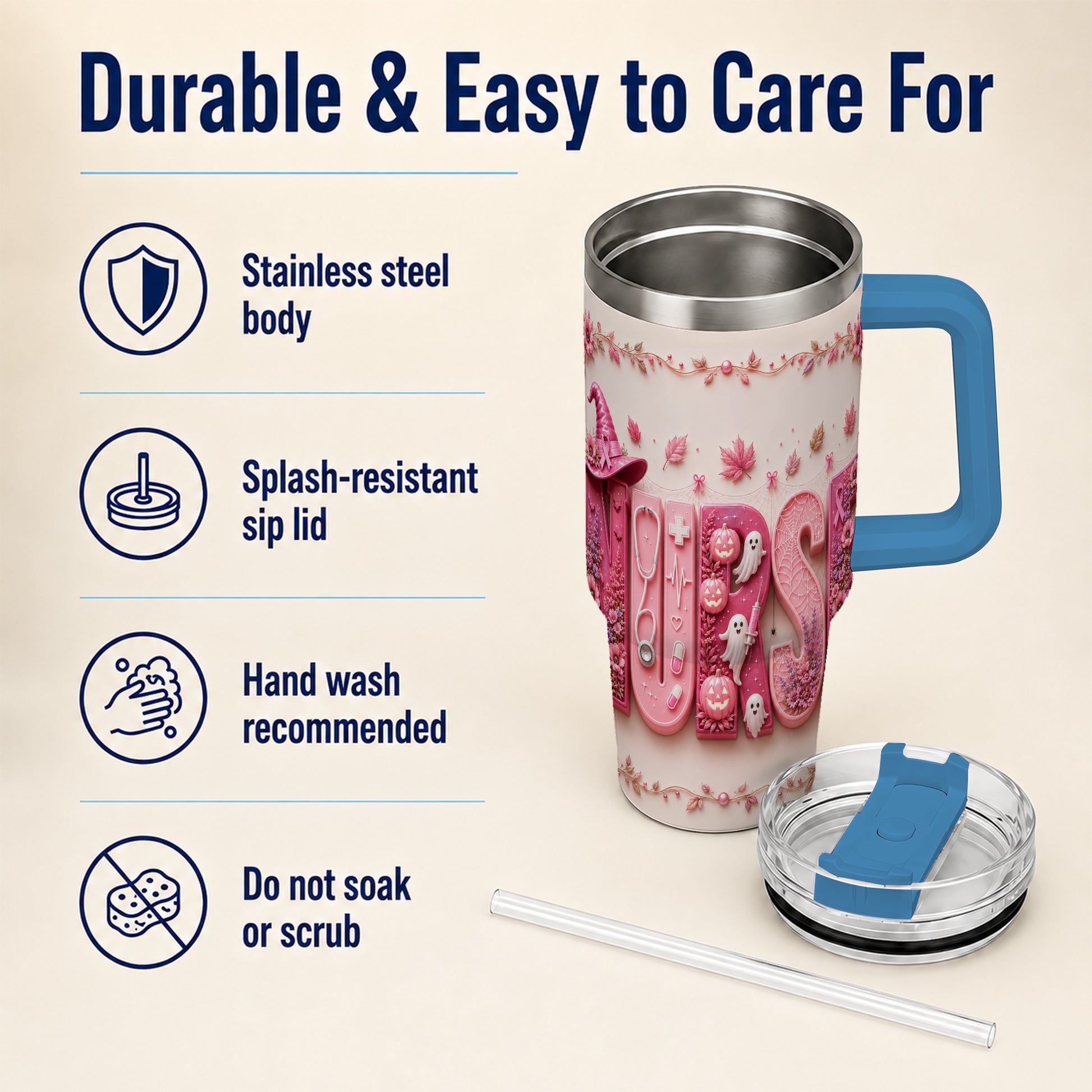 #pl[40oz|Blue] Nurse Halloween Pink Ribbon 40oz Tumbler, Stainless Steel Travel Cup