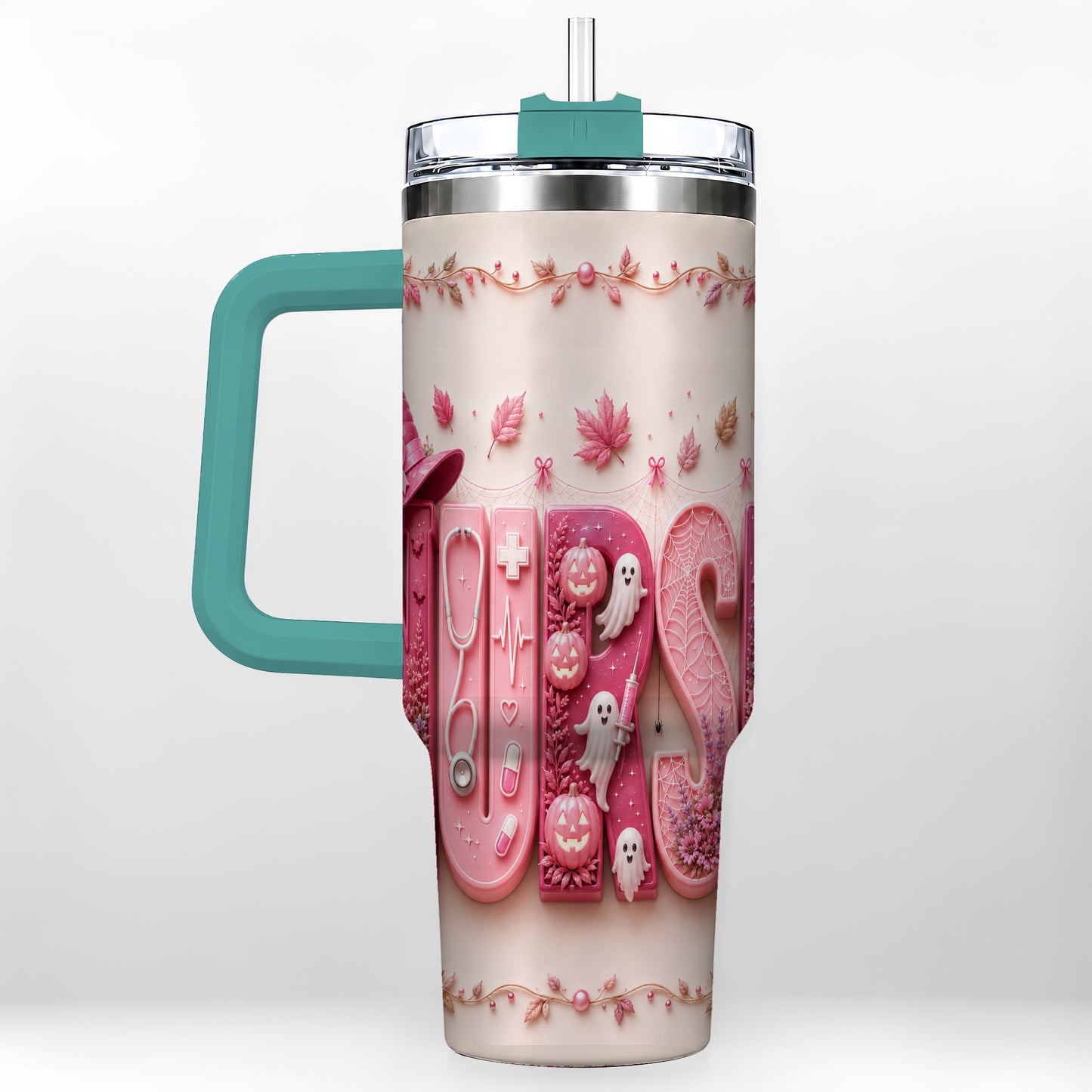 #pl[40oz|Green] Nurse Halloween Pink Ribbon 40oz Tumbler, Stainless Steel Travel Cup
