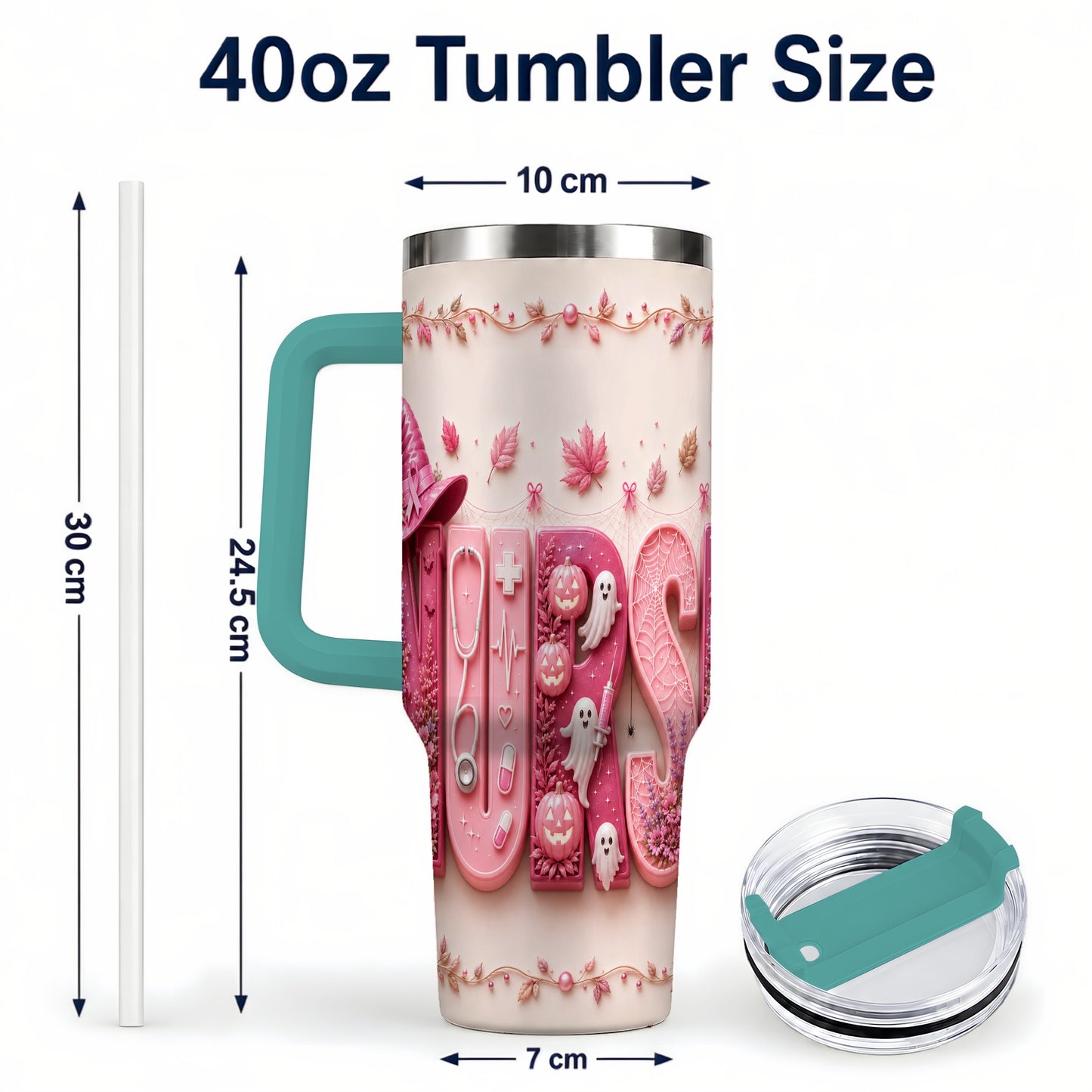 #pl[40oz|Green] Nurse Halloween Pink Ribbon 40oz Tumbler, Stainless Steel Travel Cup
