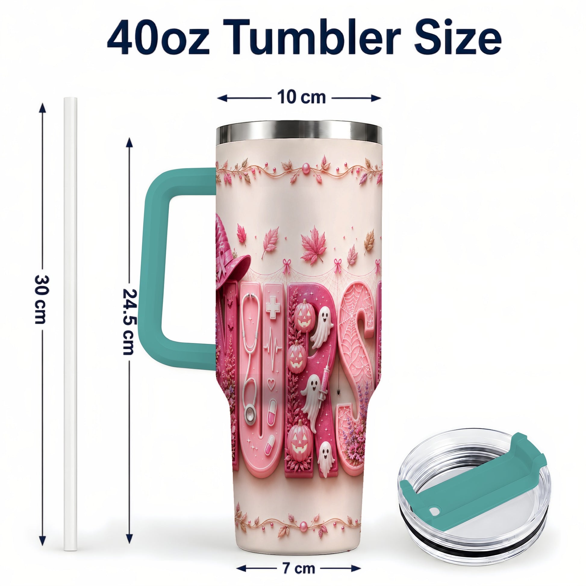 #pl[40oz|Green] Nurse Halloween Pink Ribbon 40oz Tumbler, Stainless Steel Travel Cup