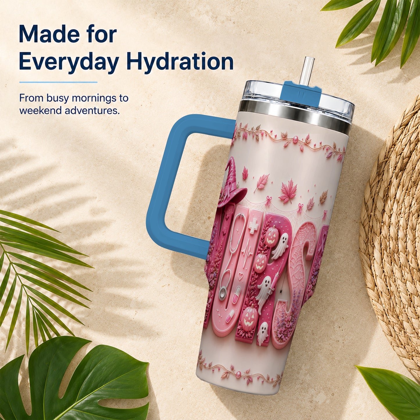 #pl[40oz|Blue] Nurse Halloween Pink Ribbon 40oz Tumbler, Stainless Steel Travel Cup