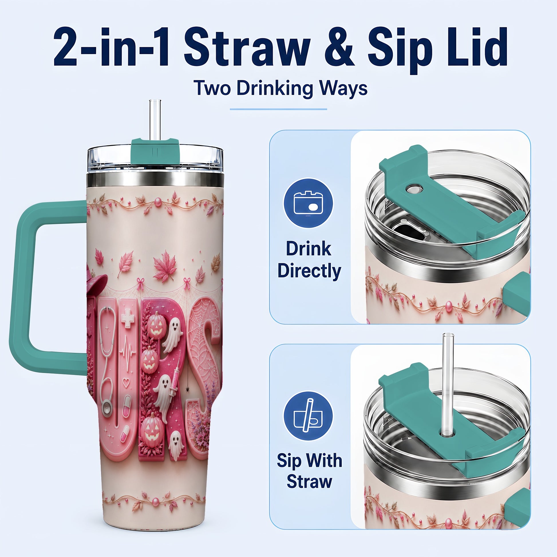 #pl[40oz|Green] Nurse Halloween Pink Ribbon 40oz Tumbler, Stainless Steel Travel Cup