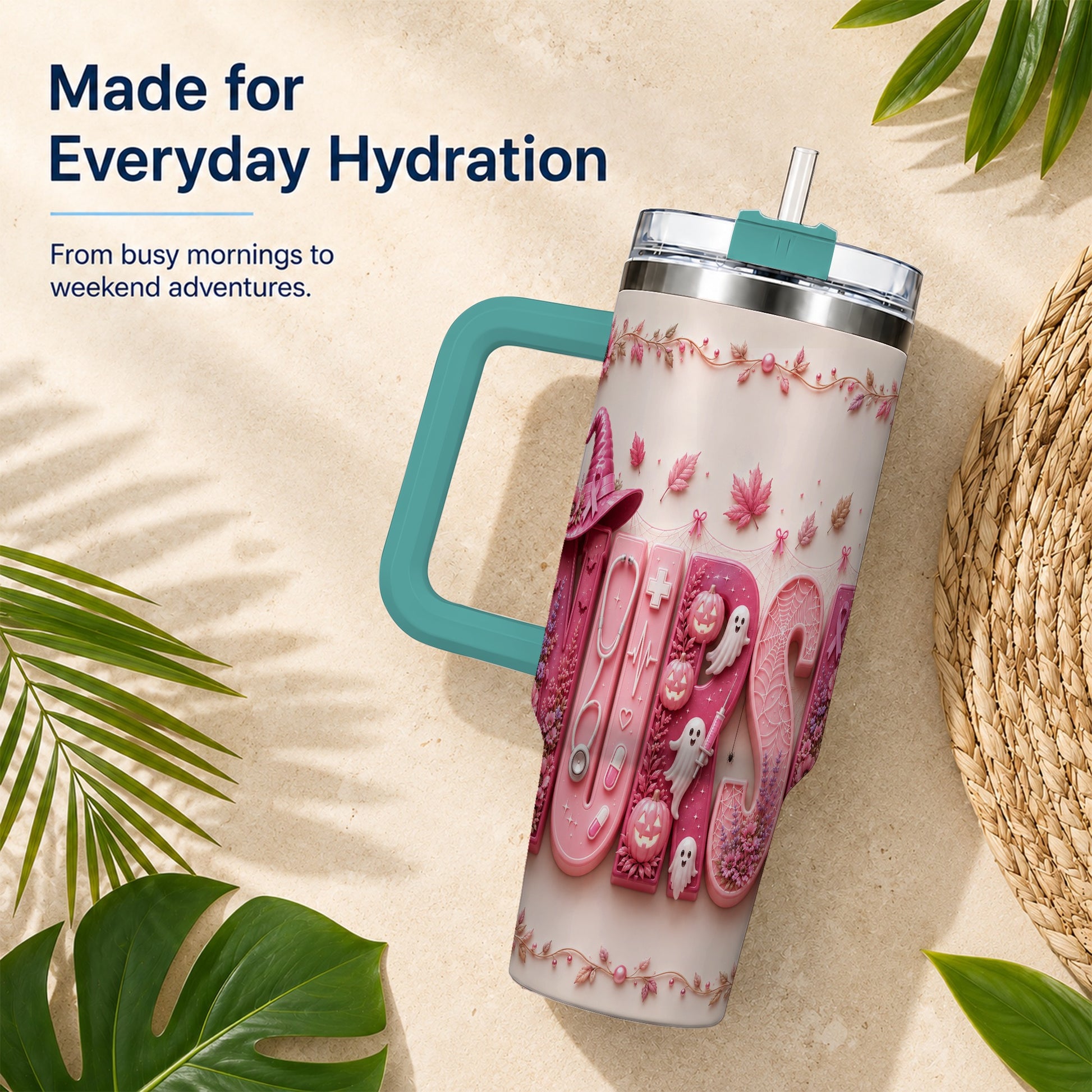 #pl[40oz|Green] Nurse Halloween Pink Ribbon 40oz Tumbler, Stainless Steel Travel Cup