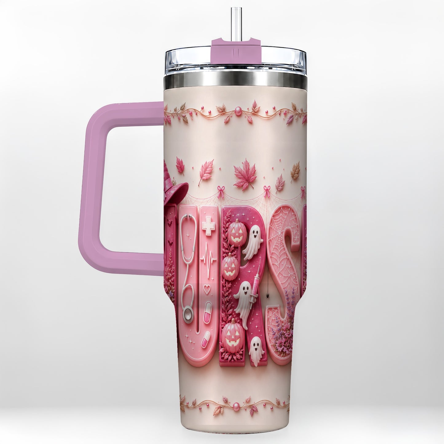 #pl[40oz|Pink] Nurse Halloween Pink Ribbon 40oz Tumbler, Stainless Steel Travel Cup