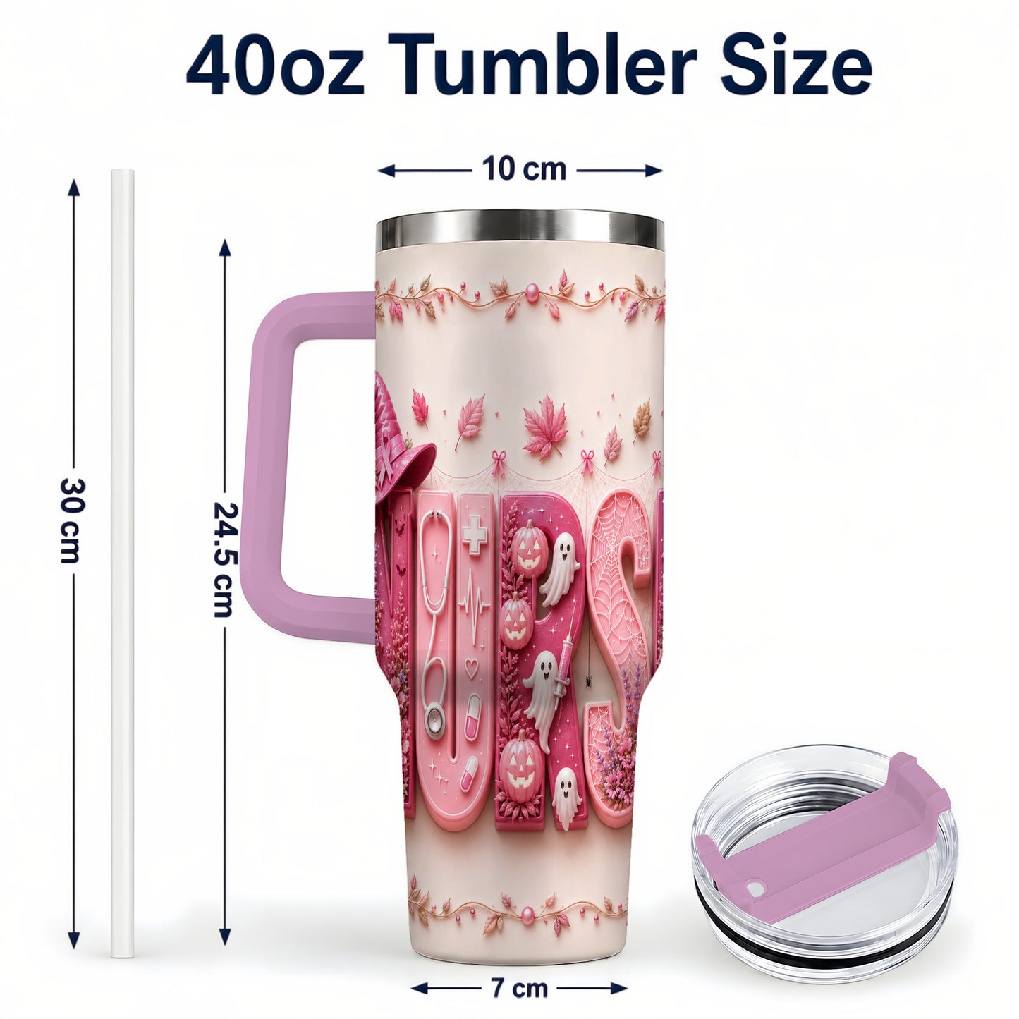 #pl[40oz|Pink] Nurse Halloween Pink Ribbon 40oz Tumbler, Stainless Steel Travel Cup
