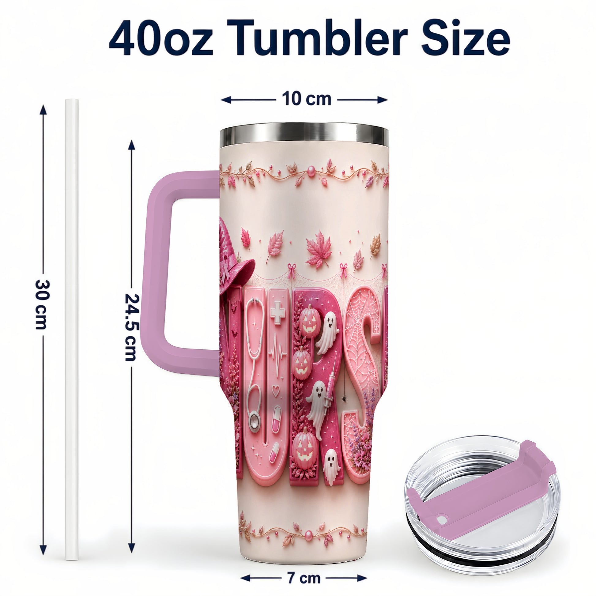 #pl[40oz|Pink] Nurse Halloween Pink Ribbon 40oz Tumbler, Stainless Steel Travel Cup