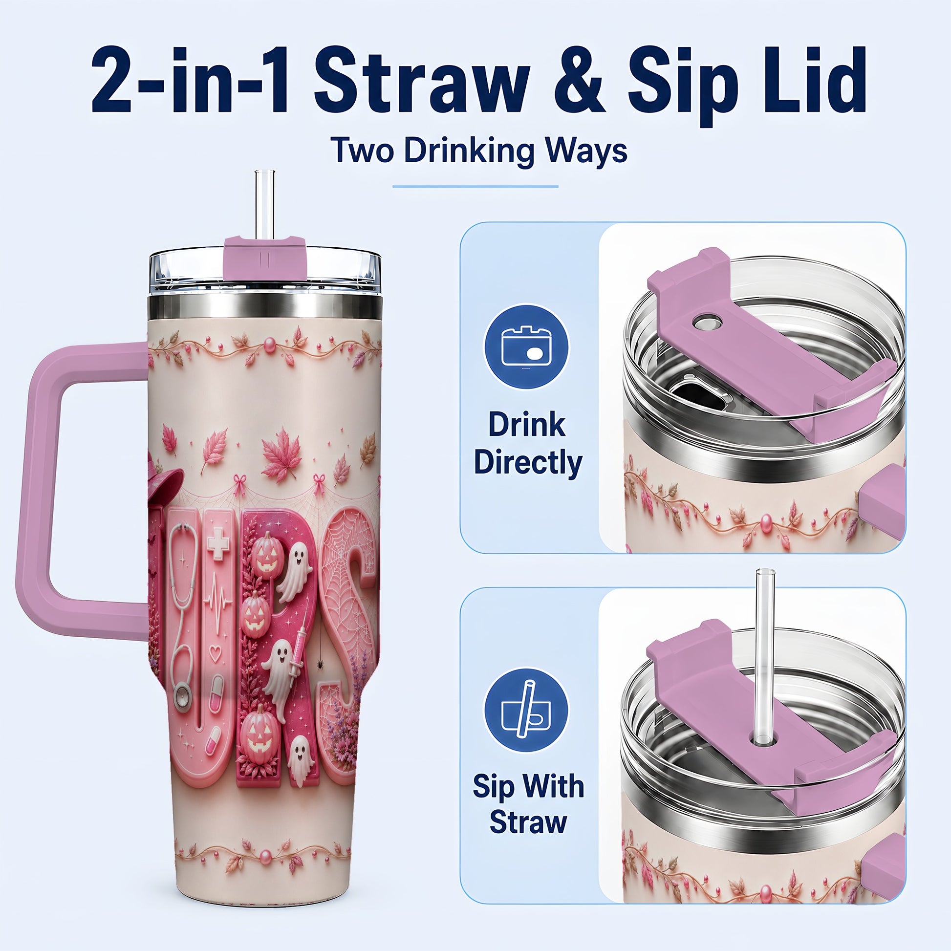 #pl[40oz|Pink] Nurse Halloween Pink Ribbon 40oz Tumbler, Stainless Steel Travel Cup