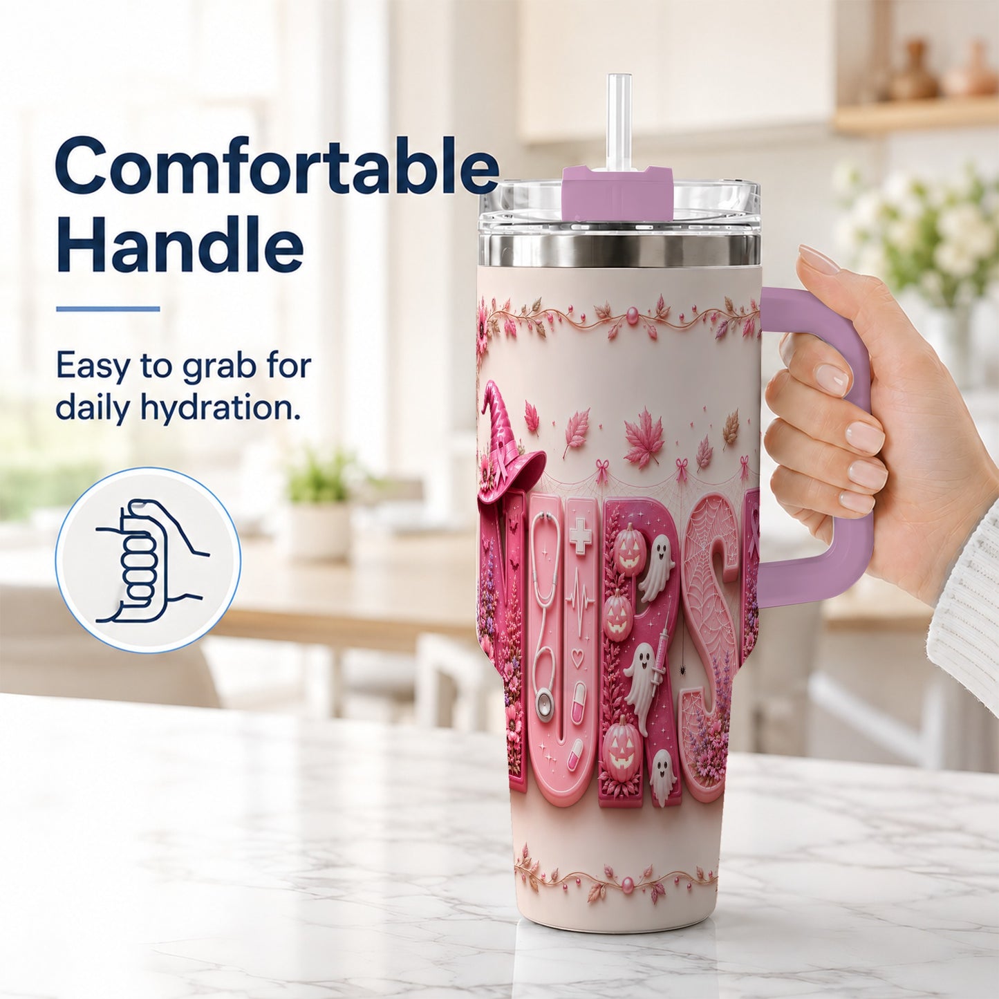 #pl[40oz|Pink] Nurse Halloween Pink Ribbon 40oz Tumbler, Stainless Steel Travel Cup