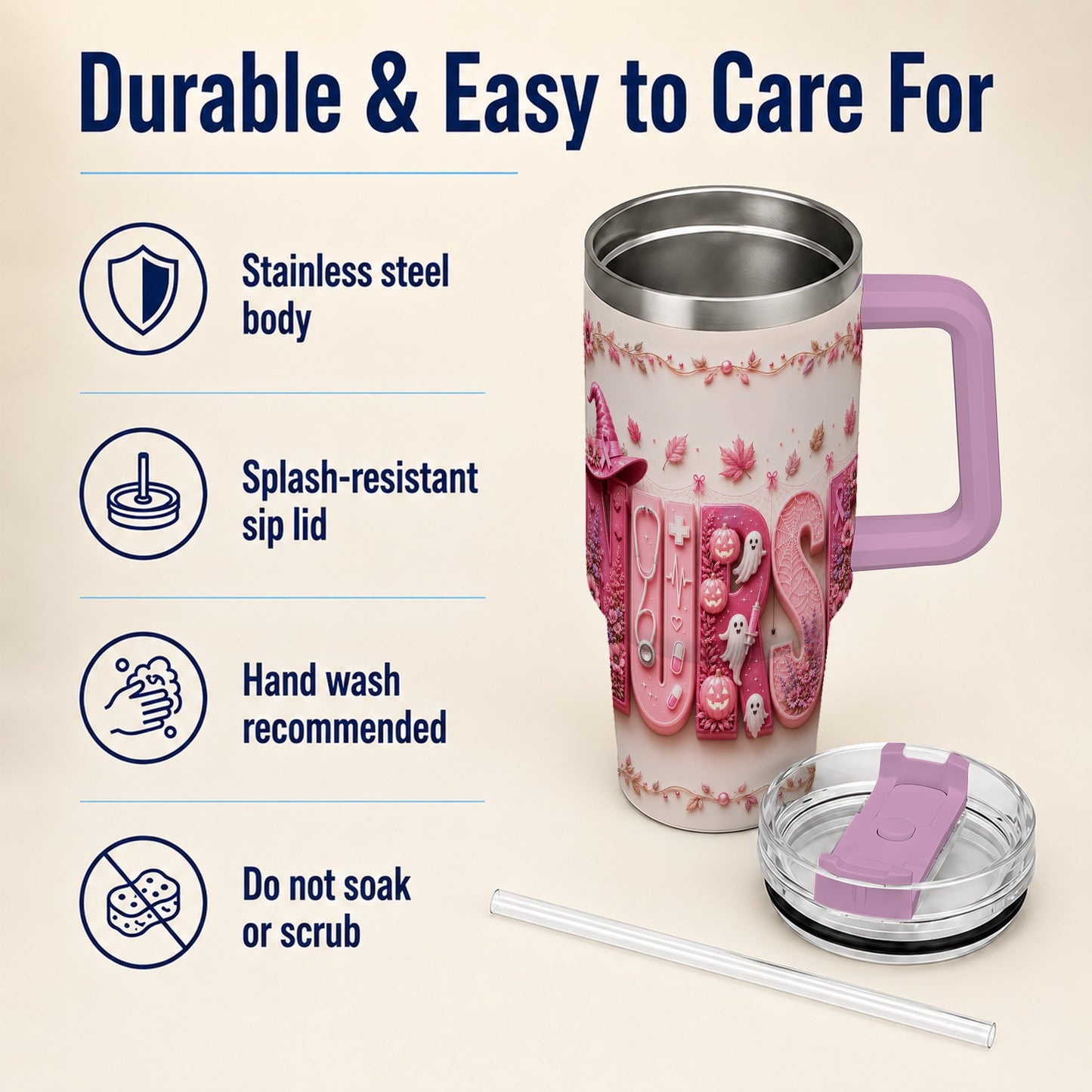 #pl[40oz|Pink] Nurse Halloween Pink Ribbon 40oz Tumbler, Stainless Steel Travel Cup