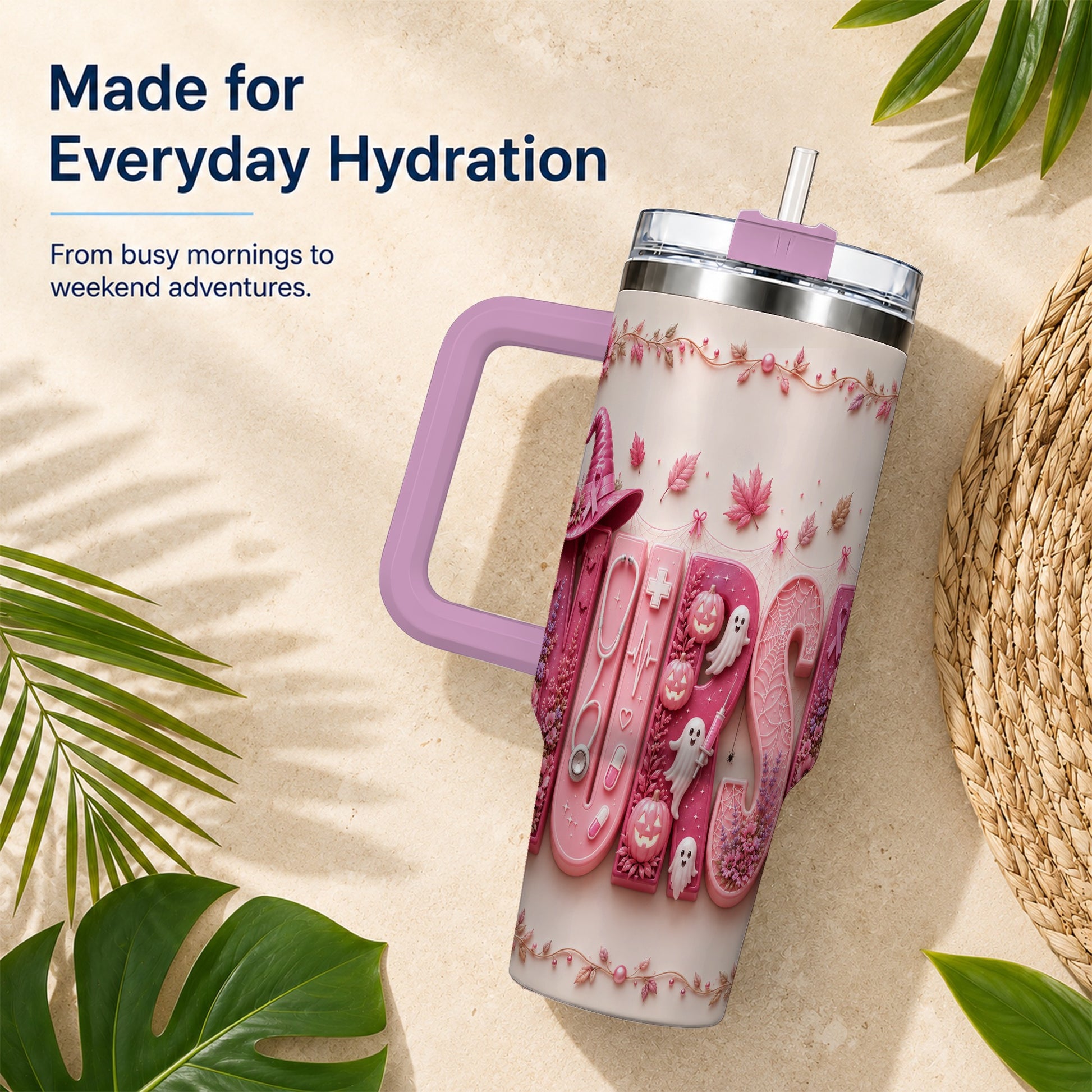 #pl[40oz|Pink] Nurse Halloween Pink Ribbon 40oz Tumbler, Stainless Steel Travel Cup