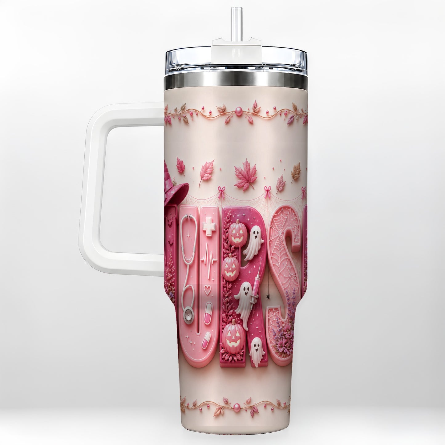 #pl[40oz|White] Nurse Halloween Pink Ribbon 40oz Tumbler, Stainless Steel Travel Cup