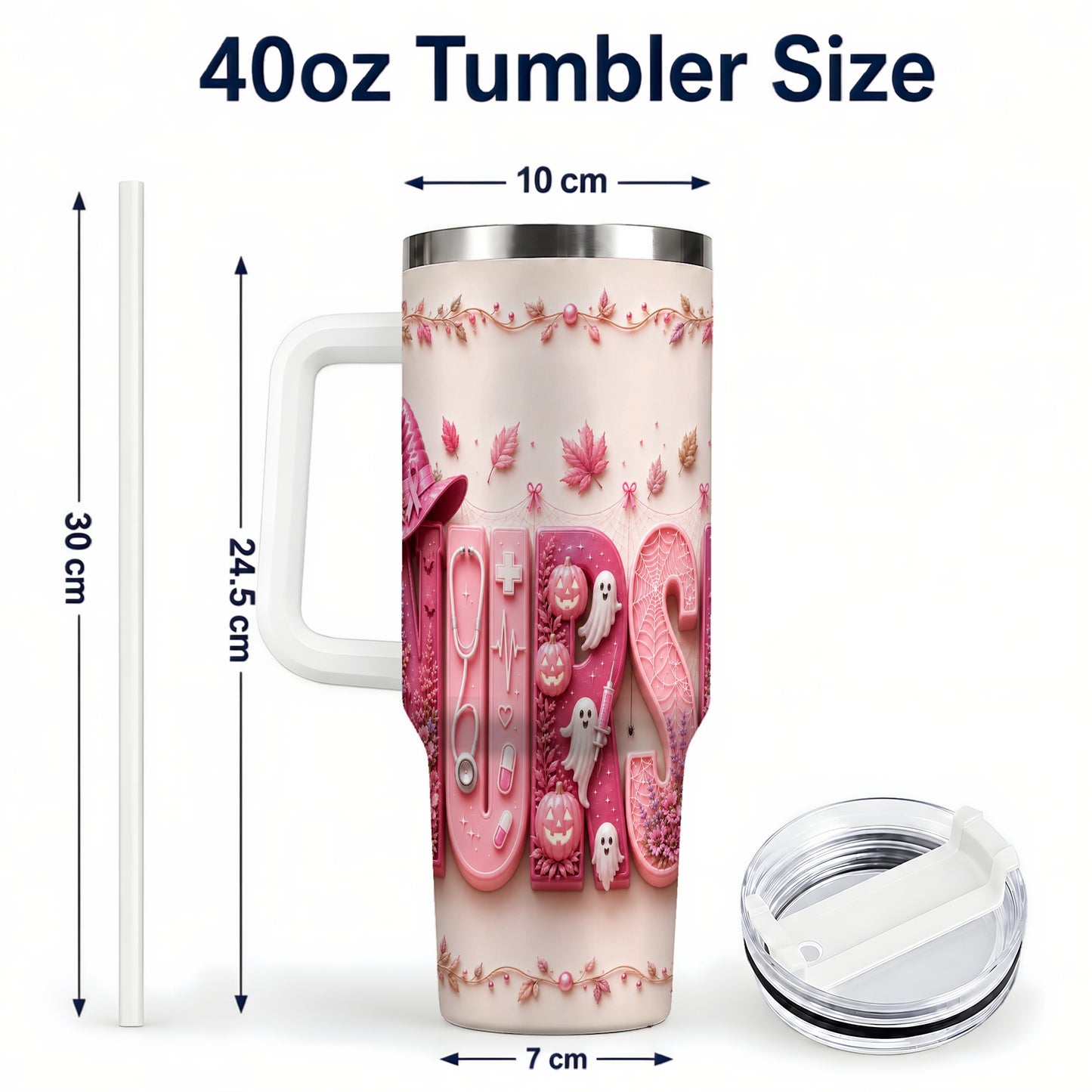 #pl[40oz|White] Nurse Halloween Pink Ribbon 40oz Tumbler, Stainless Steel Travel Cup