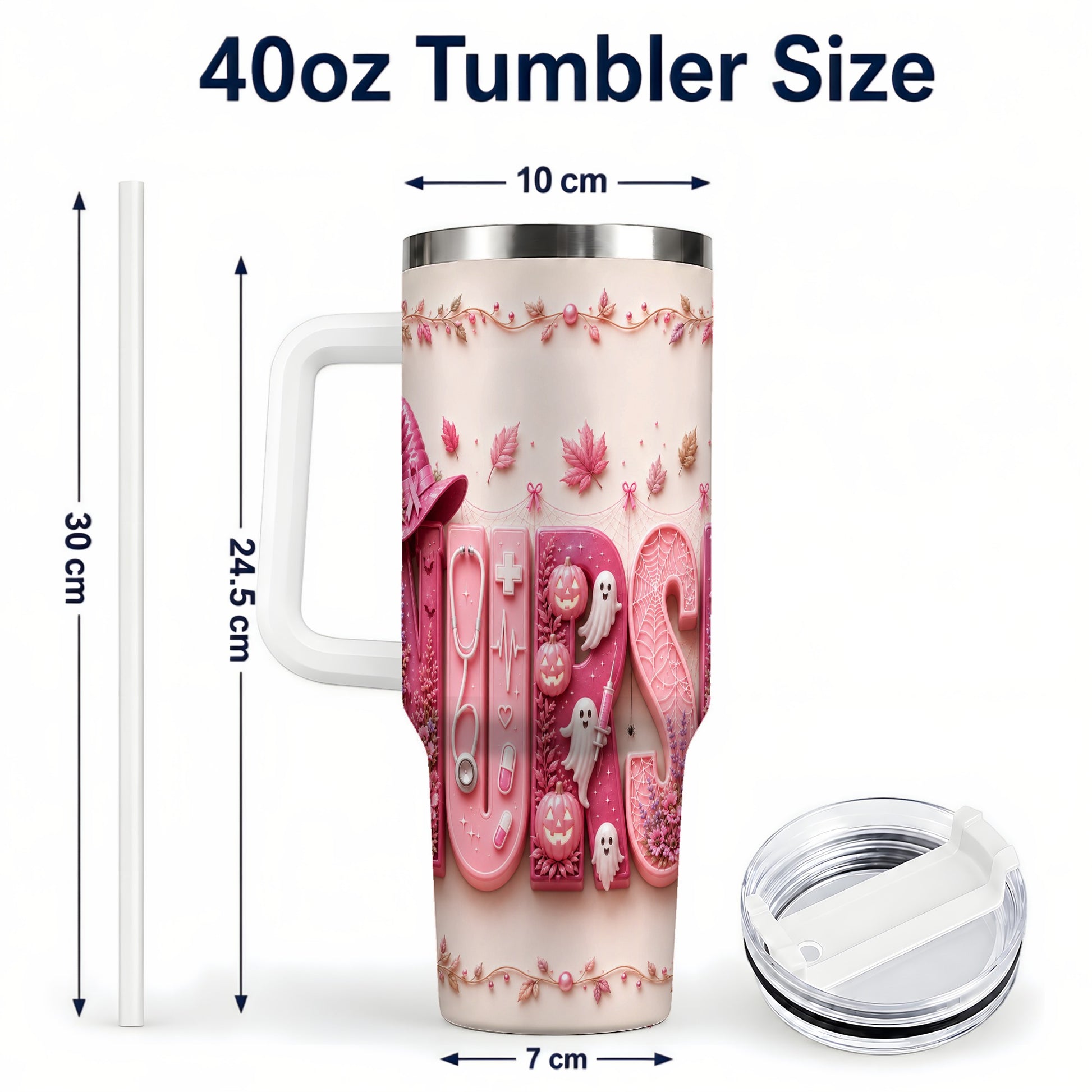 #pl[40oz|White] Nurse Halloween Pink Ribbon 40oz Tumbler, Stainless Steel Travel Cup