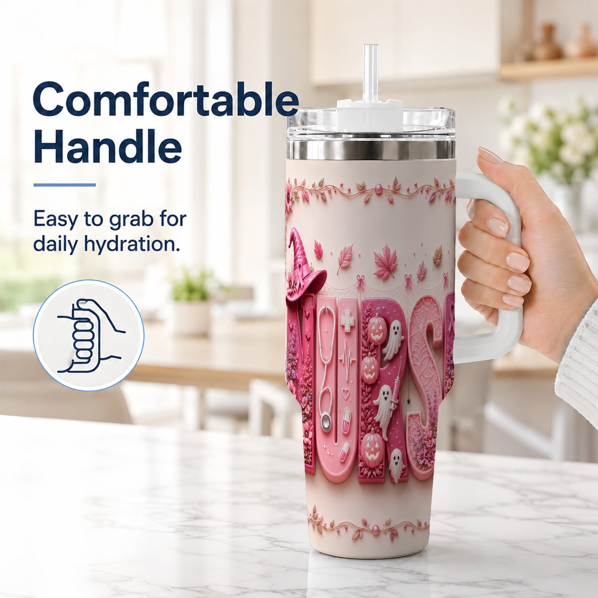 #pl[40oz|White] Nurse Halloween Pink Ribbon 40oz Tumbler, Stainless Steel Travel Cup