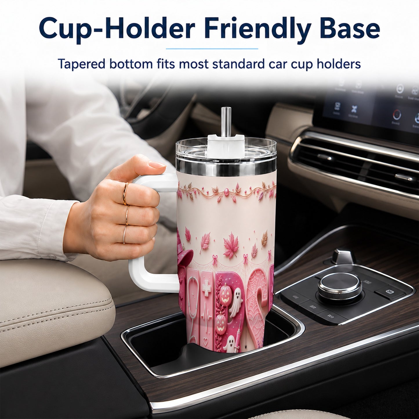 #pl[40oz|White] Nurse Halloween Pink Ribbon 40oz Tumbler, Stainless Steel Travel Cup