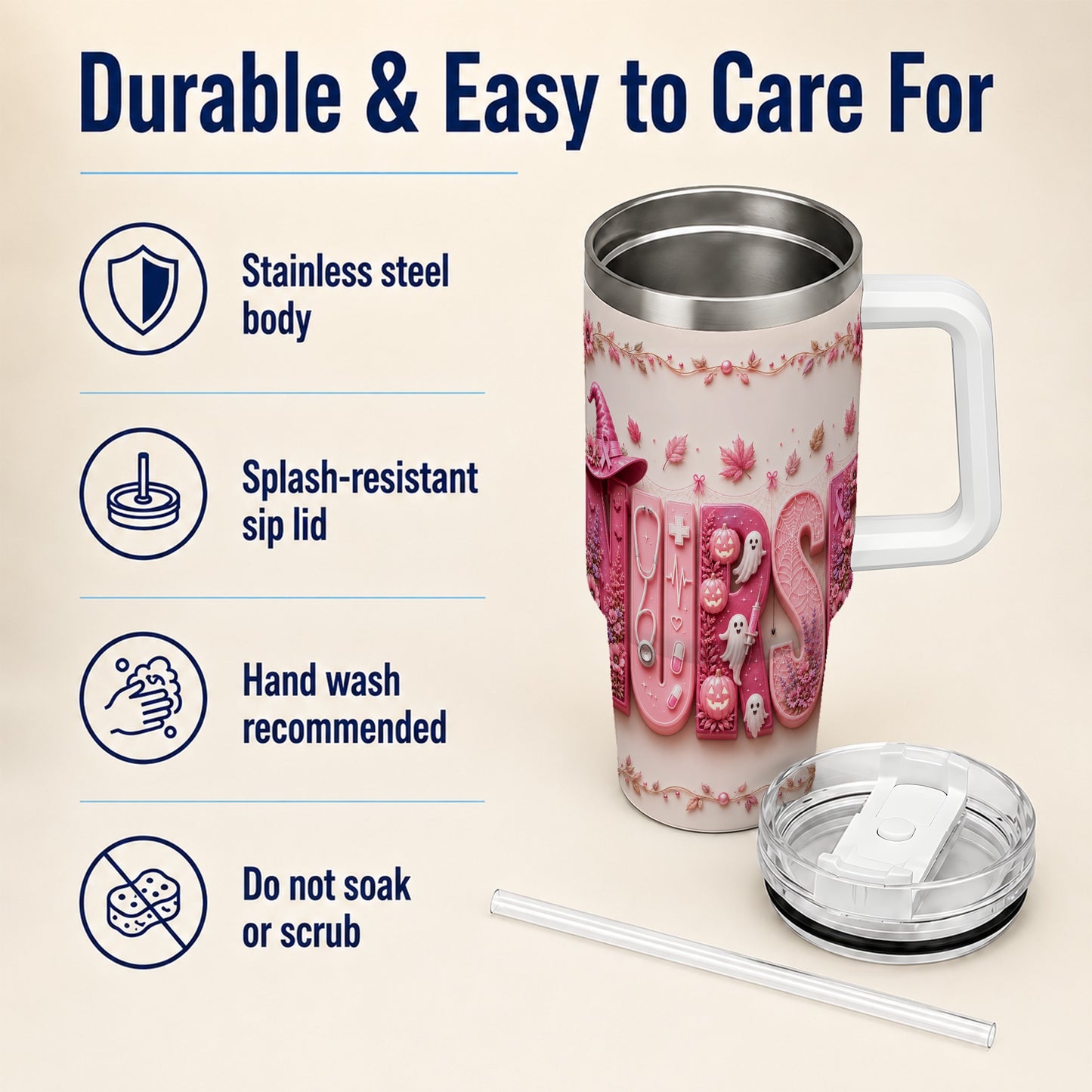 #pl[40oz|White] Nurse Halloween Pink Ribbon 40oz Tumbler, Stainless Steel Travel Cup