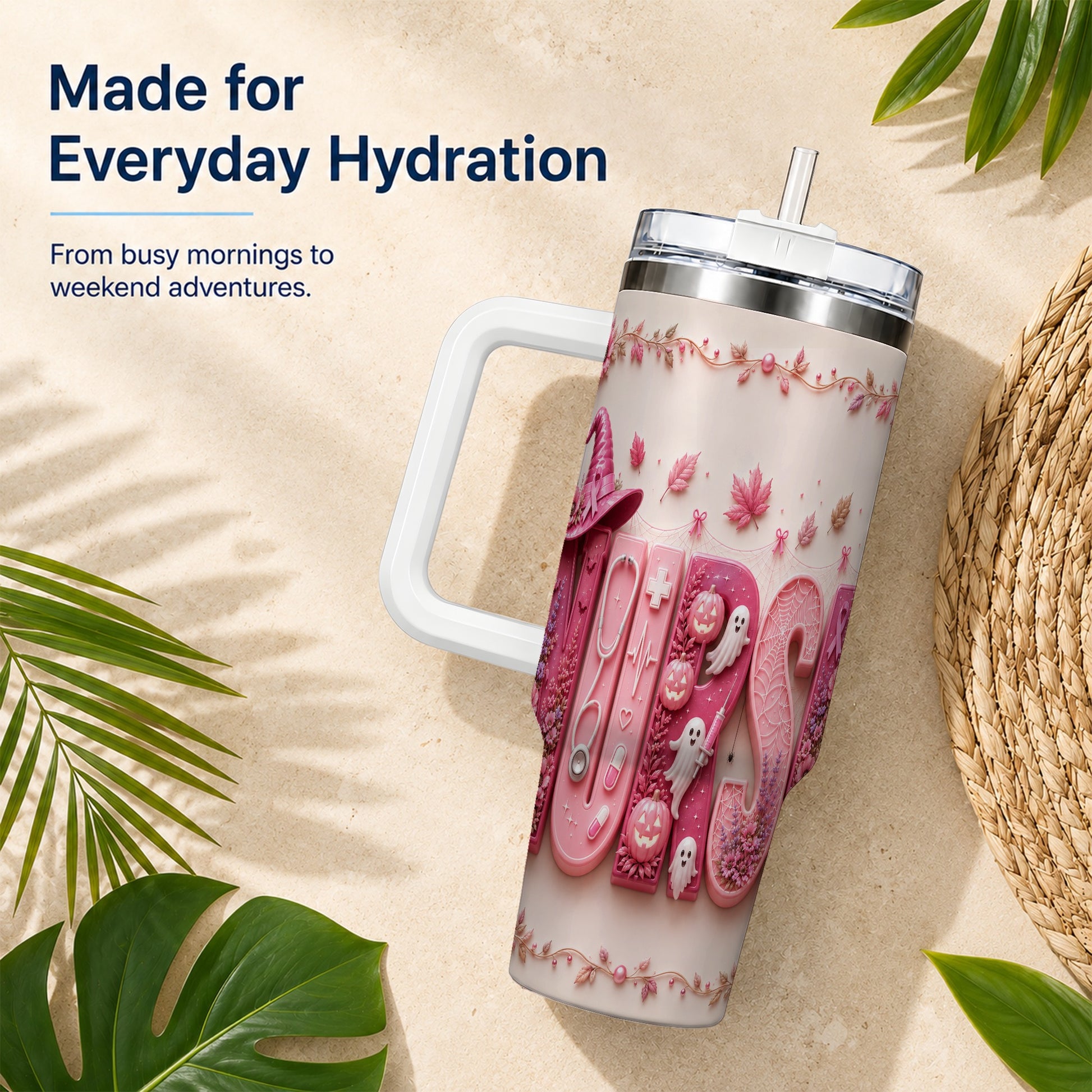 #pl[40oz|White] Nurse Halloween Pink Ribbon 40oz Tumbler, Stainless Steel Travel Cup