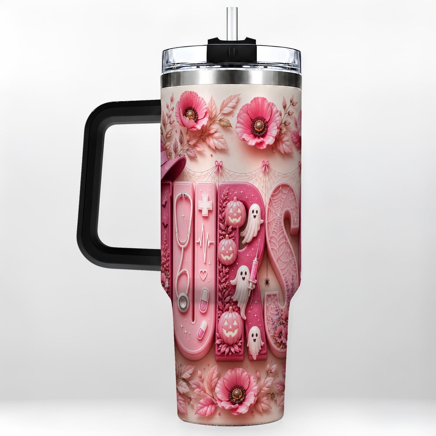 #pl[40oz|Black] Pink Ribbon Nurse Halloween 40oz Tumbler, Stainless Steel Travel Cup