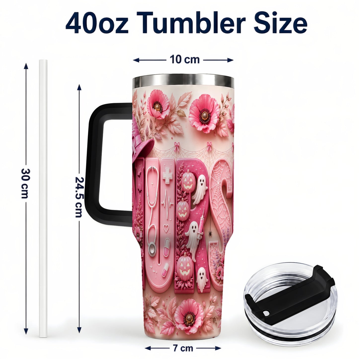 #pl[40oz|Black] Pink Ribbon Nurse Halloween 40oz Tumbler, Stainless Steel Travel Cup