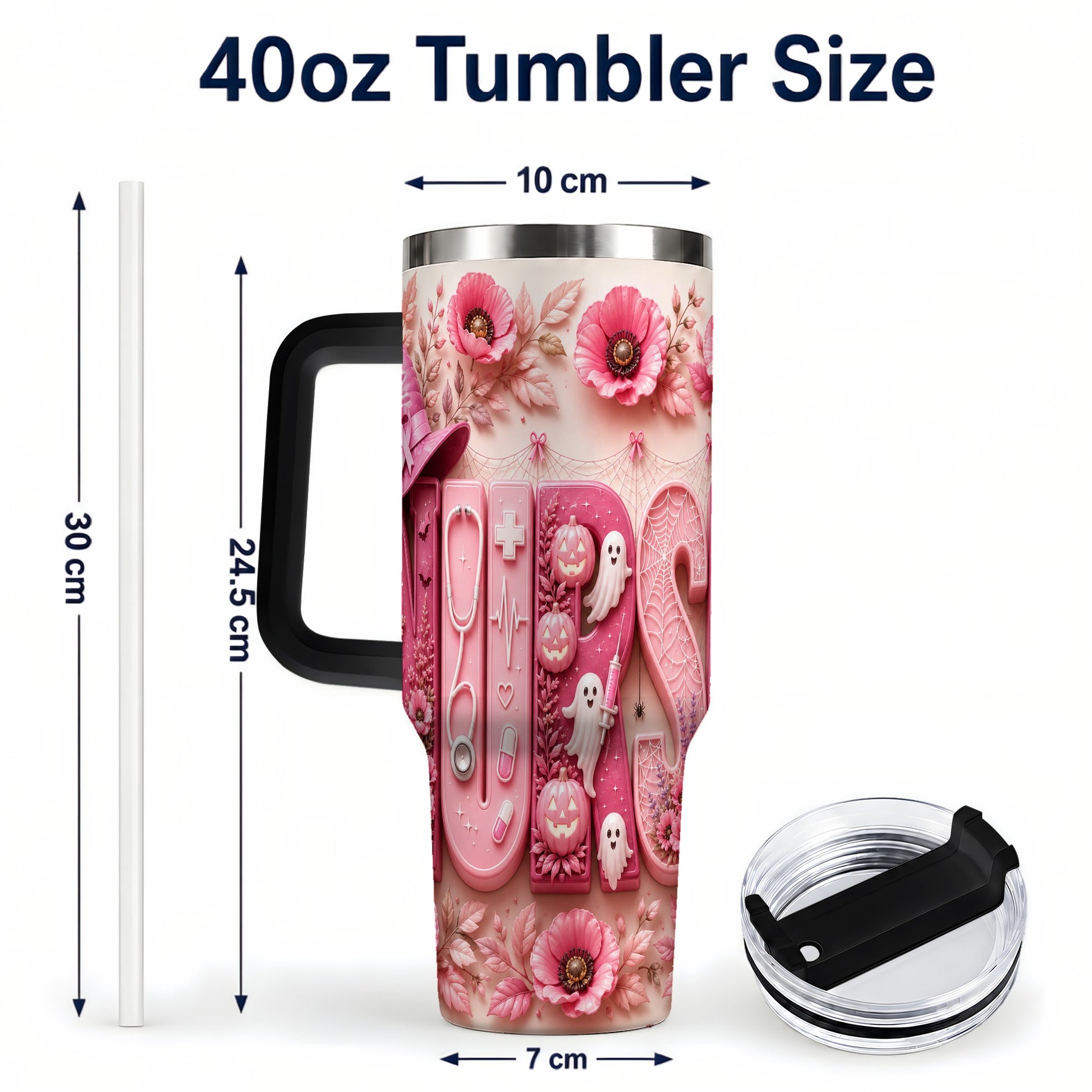 #pl[40oz|Black] Pink Ribbon Nurse Halloween 40oz Tumbler, Stainless Steel Travel Cup