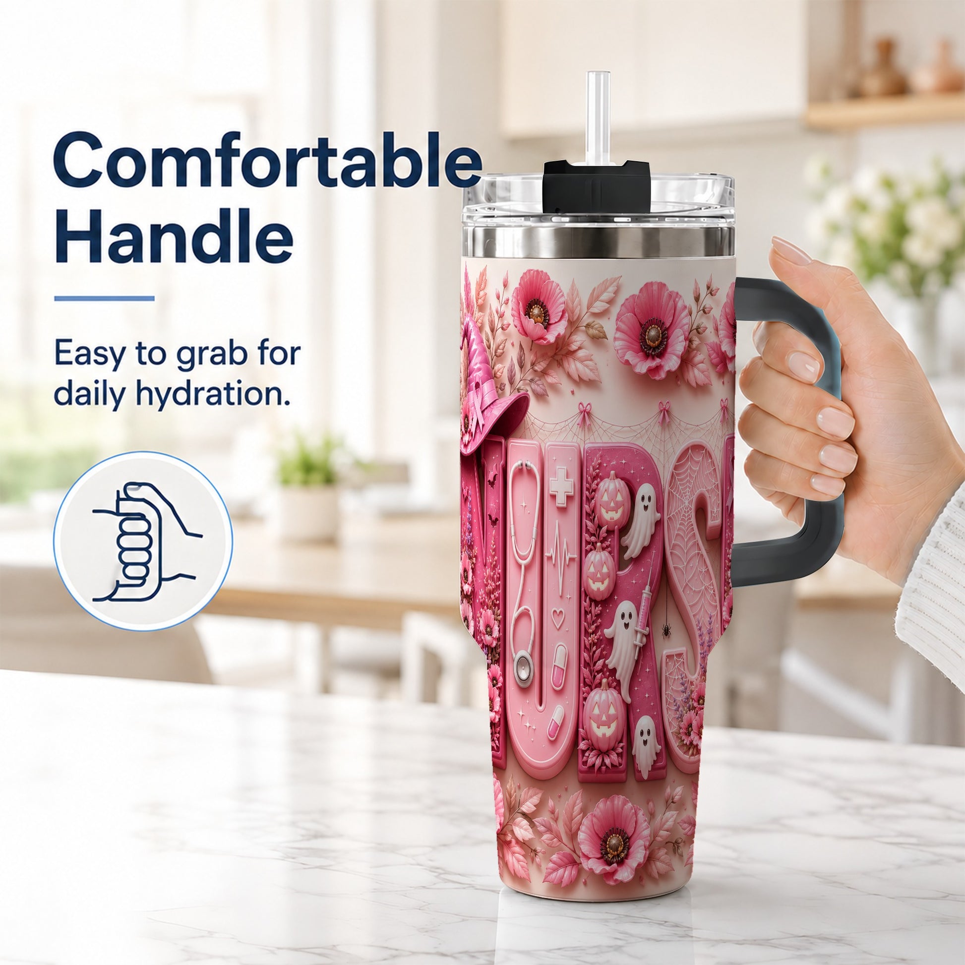 #pl[40oz|Black] Pink Ribbon Nurse Halloween 40oz Tumbler, Stainless Steel Travel Cup