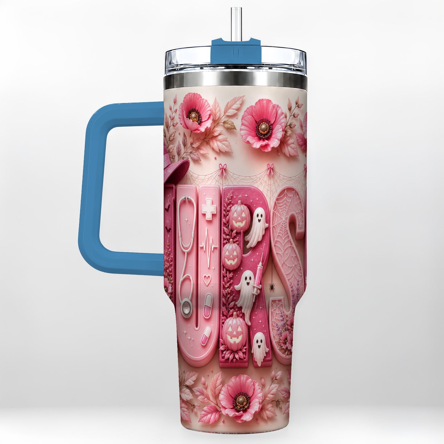 #pl[40oz|Blue] Pink Ribbon Nurse Halloween 40oz Tumbler, Stainless Steel Travel Cup