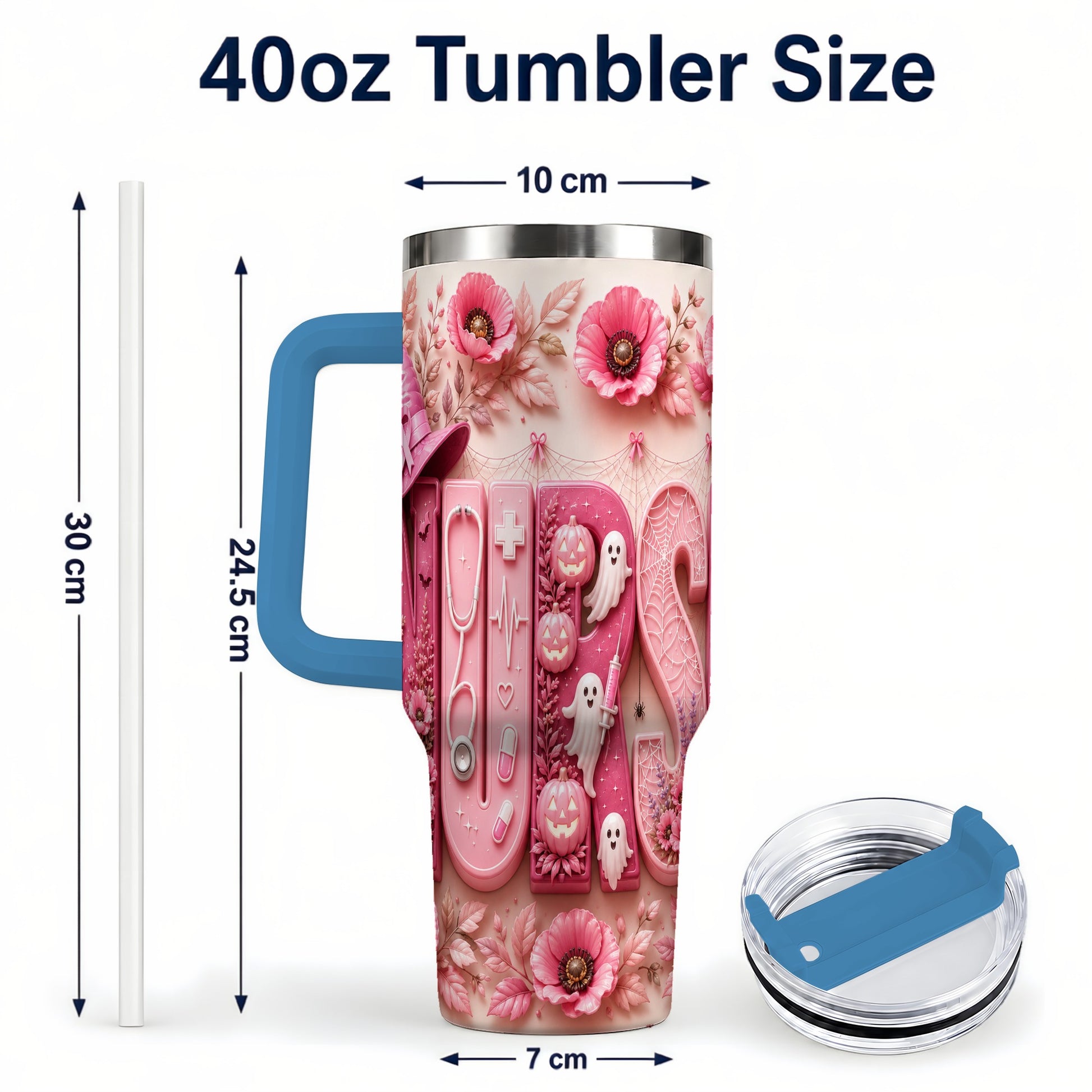 #pl[40oz|Blue] Pink Ribbon Nurse Halloween 40oz Tumbler, Stainless Steel Travel Cup